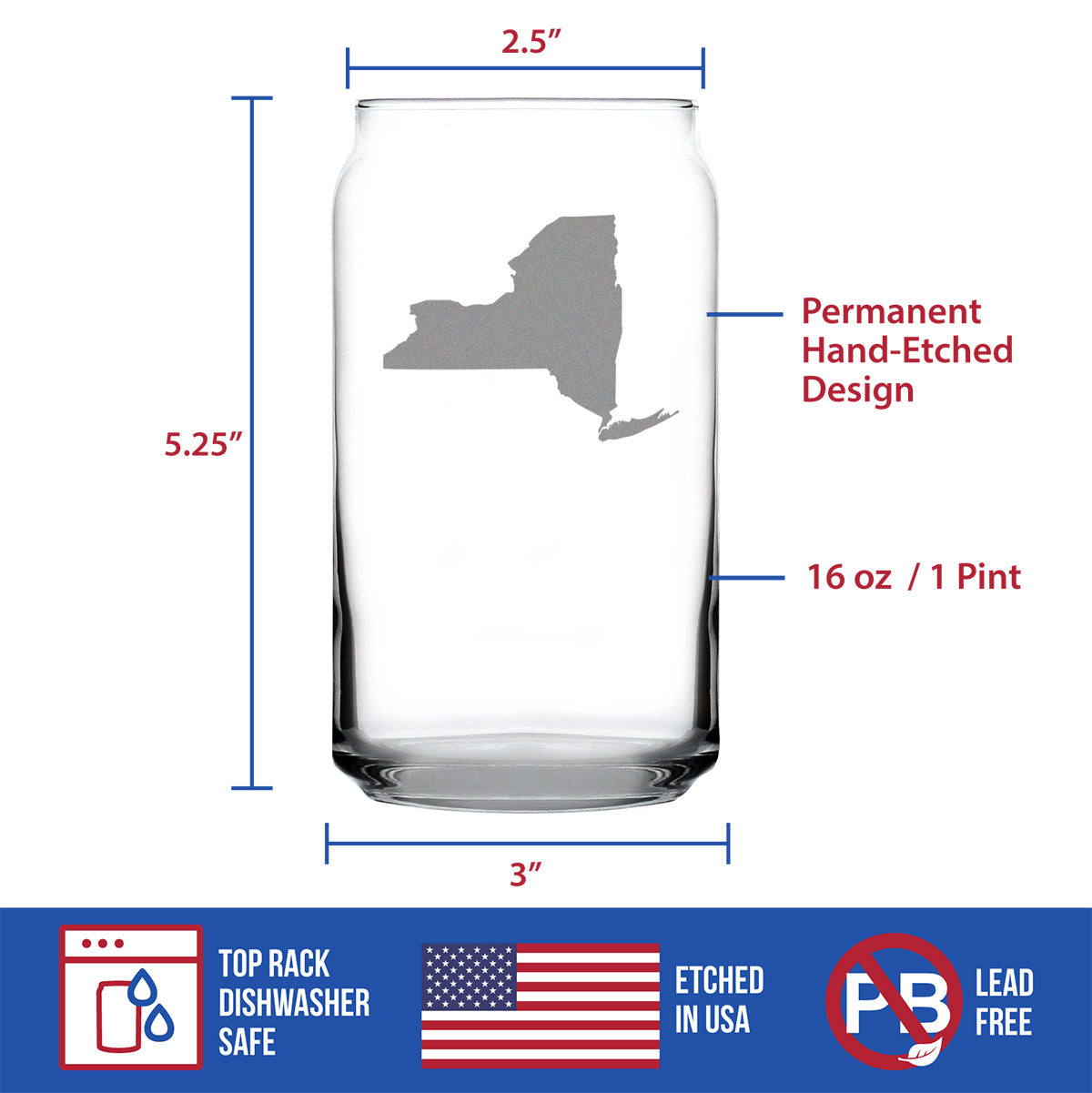 New York State Outline Beer Can Pint Glass - State Themed Drinking Decor and Gifts for New Yorker Women & Men - 16 Oz Glasses