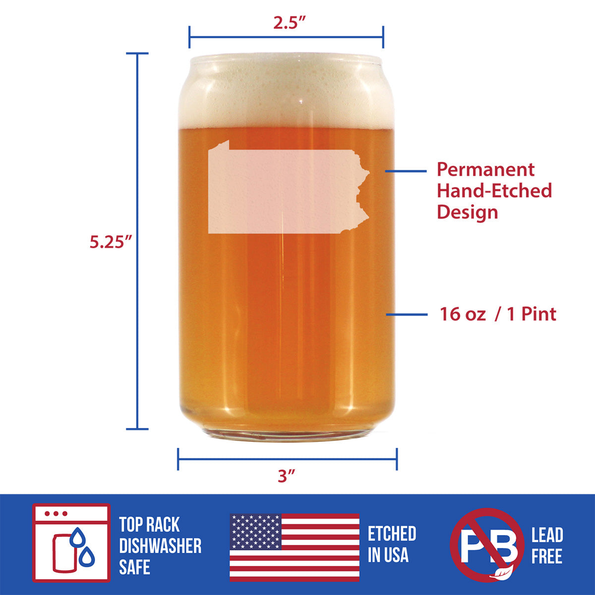 Pennsylvania State Outline Beer Can Pint Glass - State Themed Drinking Decor and Gifts for Pennsylvanian Women & Men - 16 Oz Glasses
