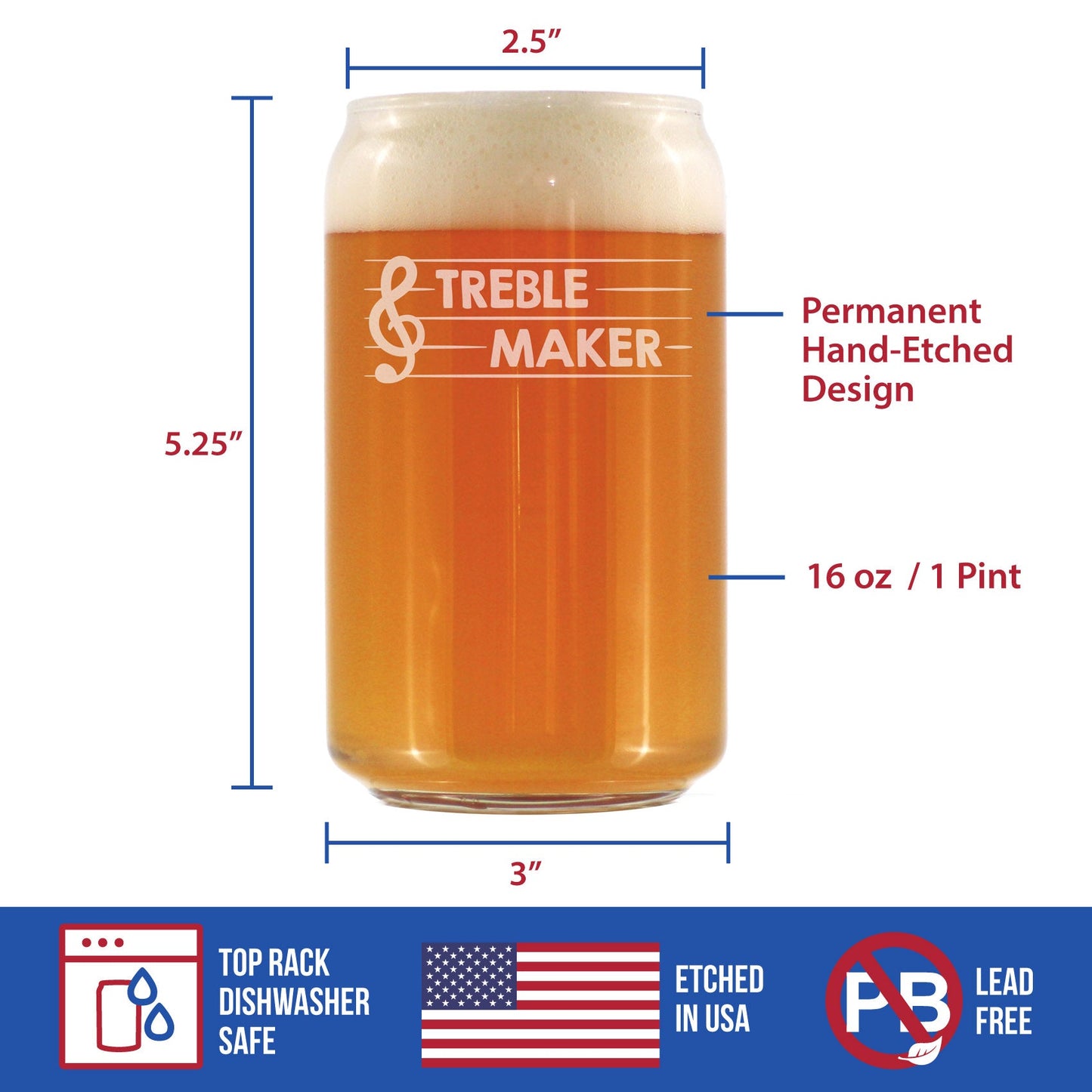 Treble Maker - Beer Can Pint Glass - Cute Funny Music Teacher Gifts for Women and Men - Fun Unique Musical Decor