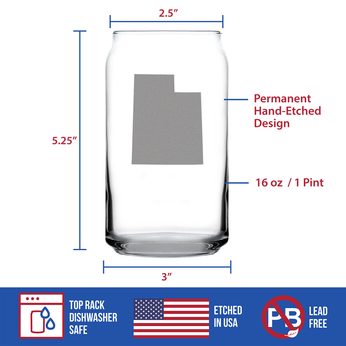 Utah State Outline Beer Can Pint Glass - State Themed Drinking Decor and Gifts for Utahn Women & Men - 16 Oz Glasses