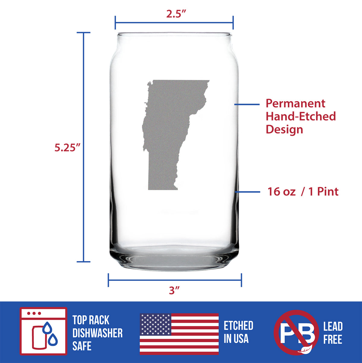 Vermont State Outline Beer Can Pint Glass - State Themed Drinking Decor and Gifts for Vermonter Women & Men - 16 Oz Glasses