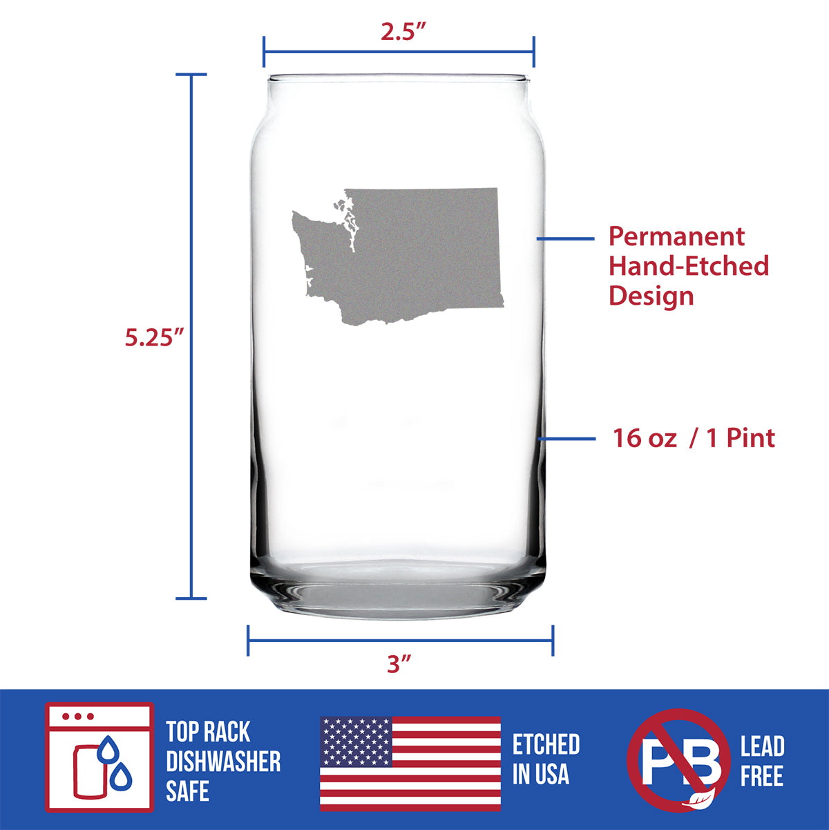 Washington State Outline Beer Can Pint Glass - State Themed Drinking Decor and Gifts for Washingtonian Women & Men - 16 Oz Glasses