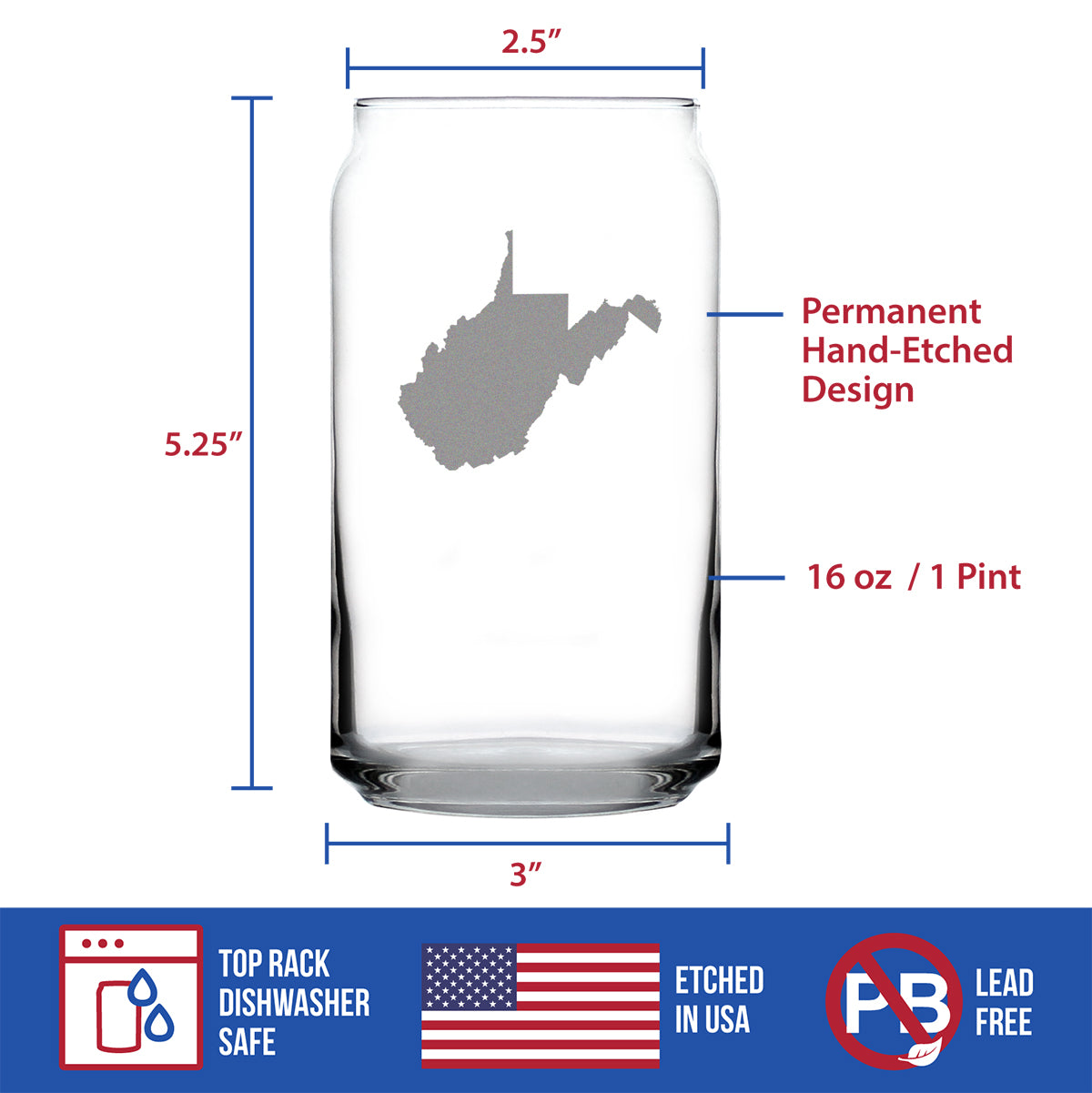 West Virginia State Outline Beer Can Pint Glass - State Themed Drinking Decor and Gifts for West Virginian Women & Men - 16 Oz Glasses