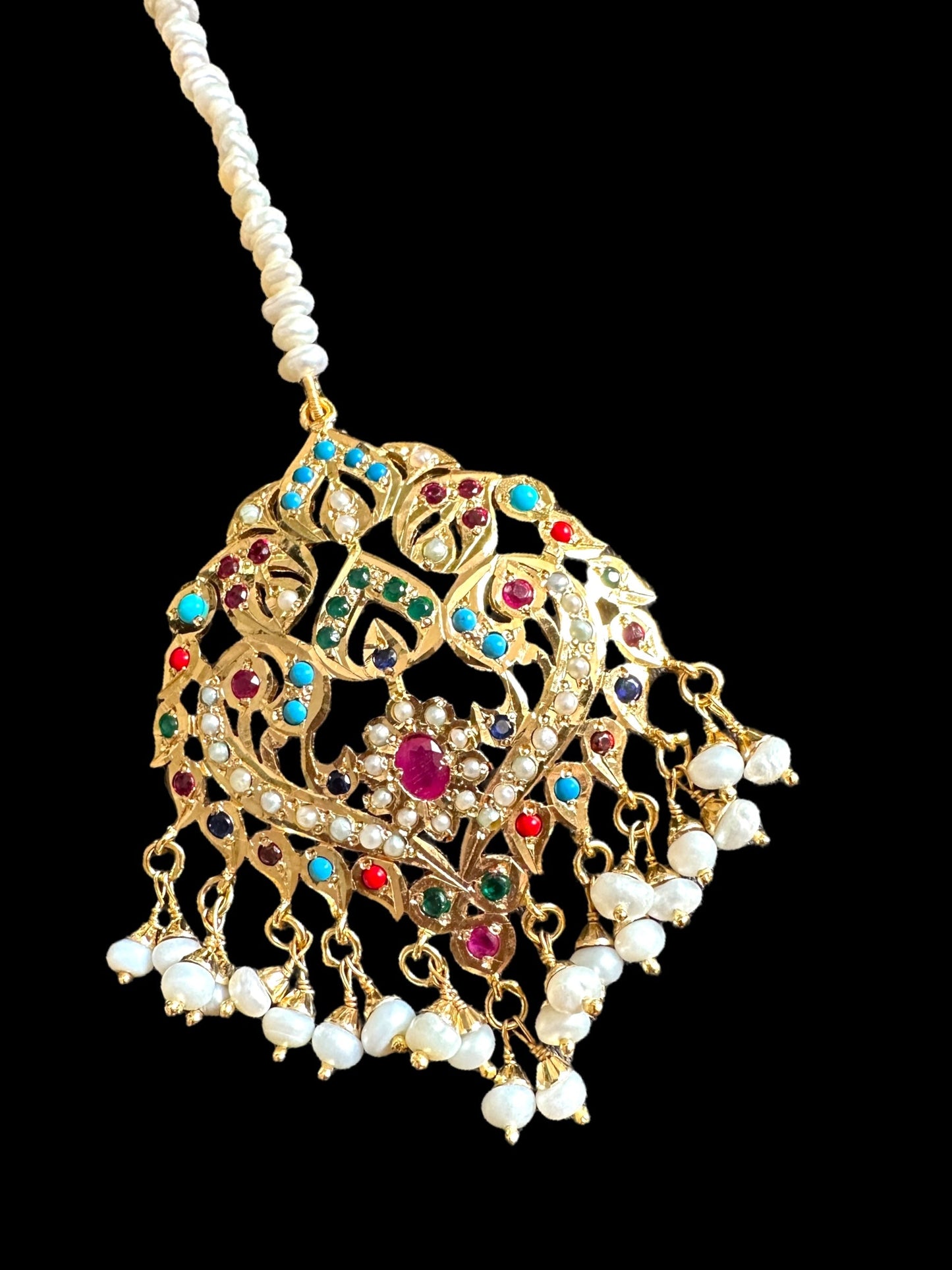 ESMA Navratan tika in silver with fresh water pearls - gold plated ( SHIPS IN 4 WEEKS )