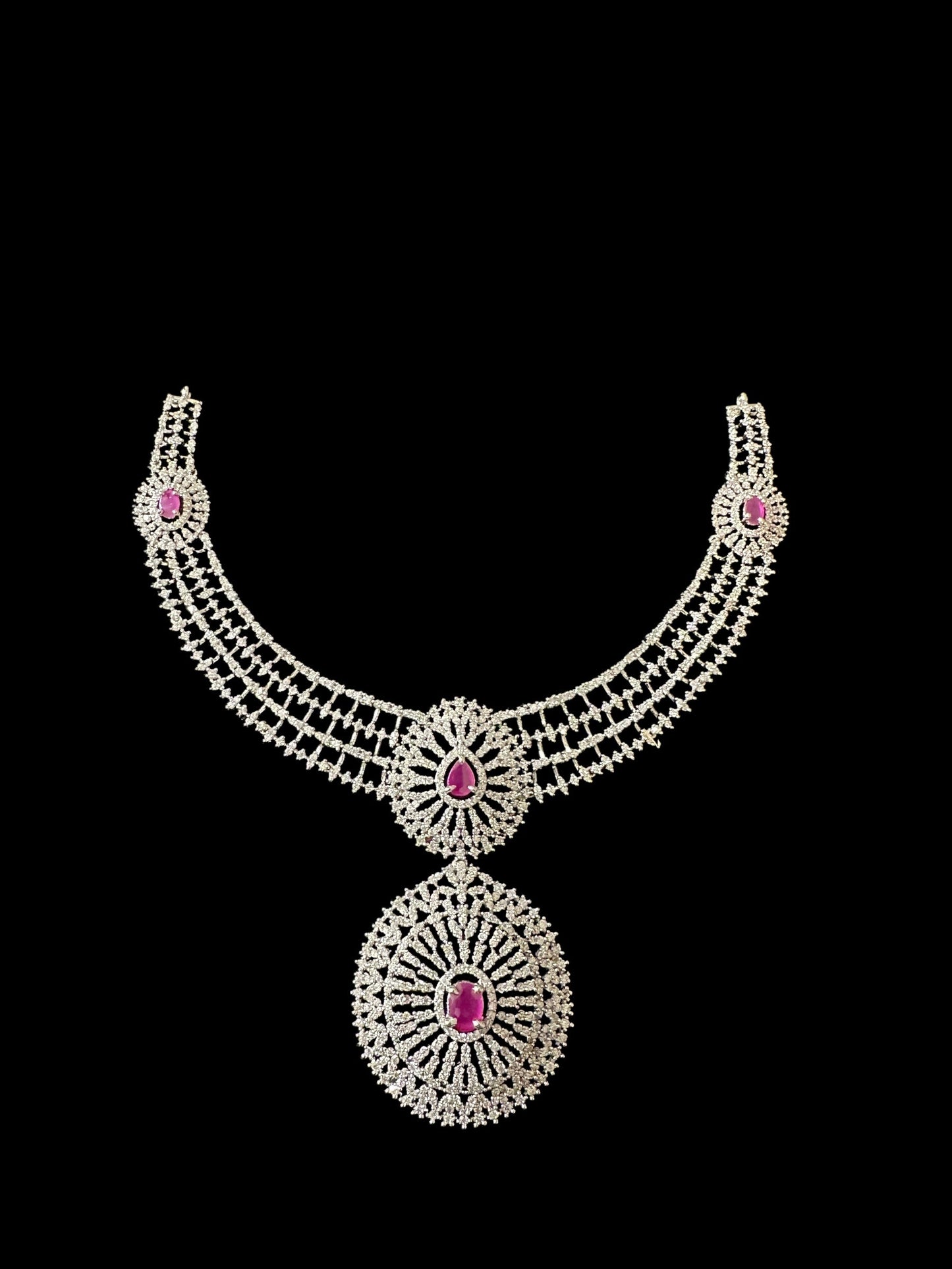DNS172 Cz necklace set with earrings tika silver plated - Ruby centre stone (READY TO SHIP)