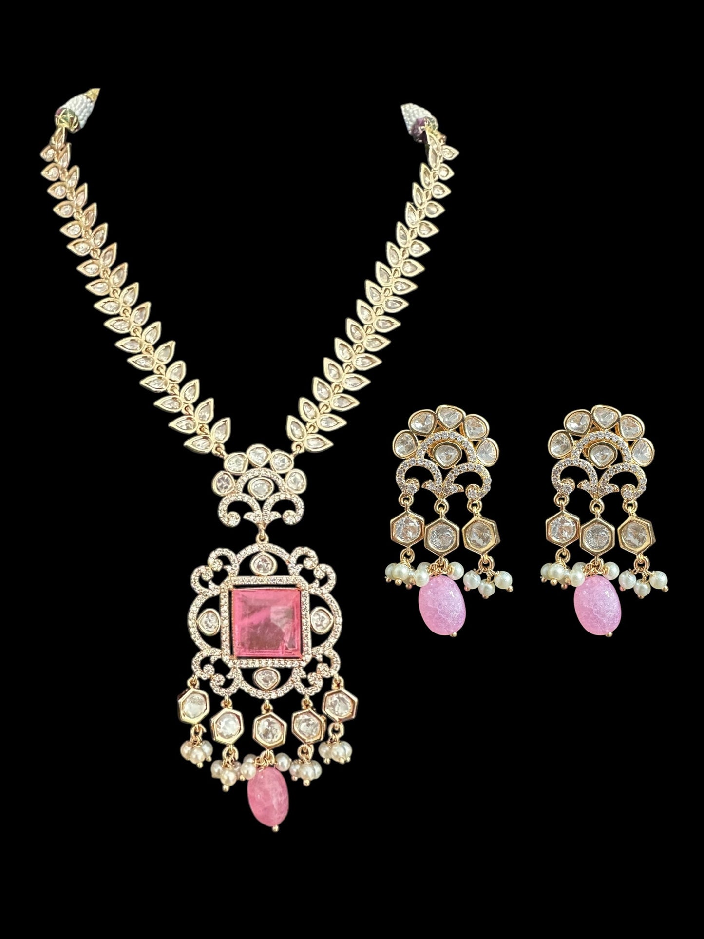 DNS173 Polki necklace set with pearls - PINK ( READY TO SHIP )