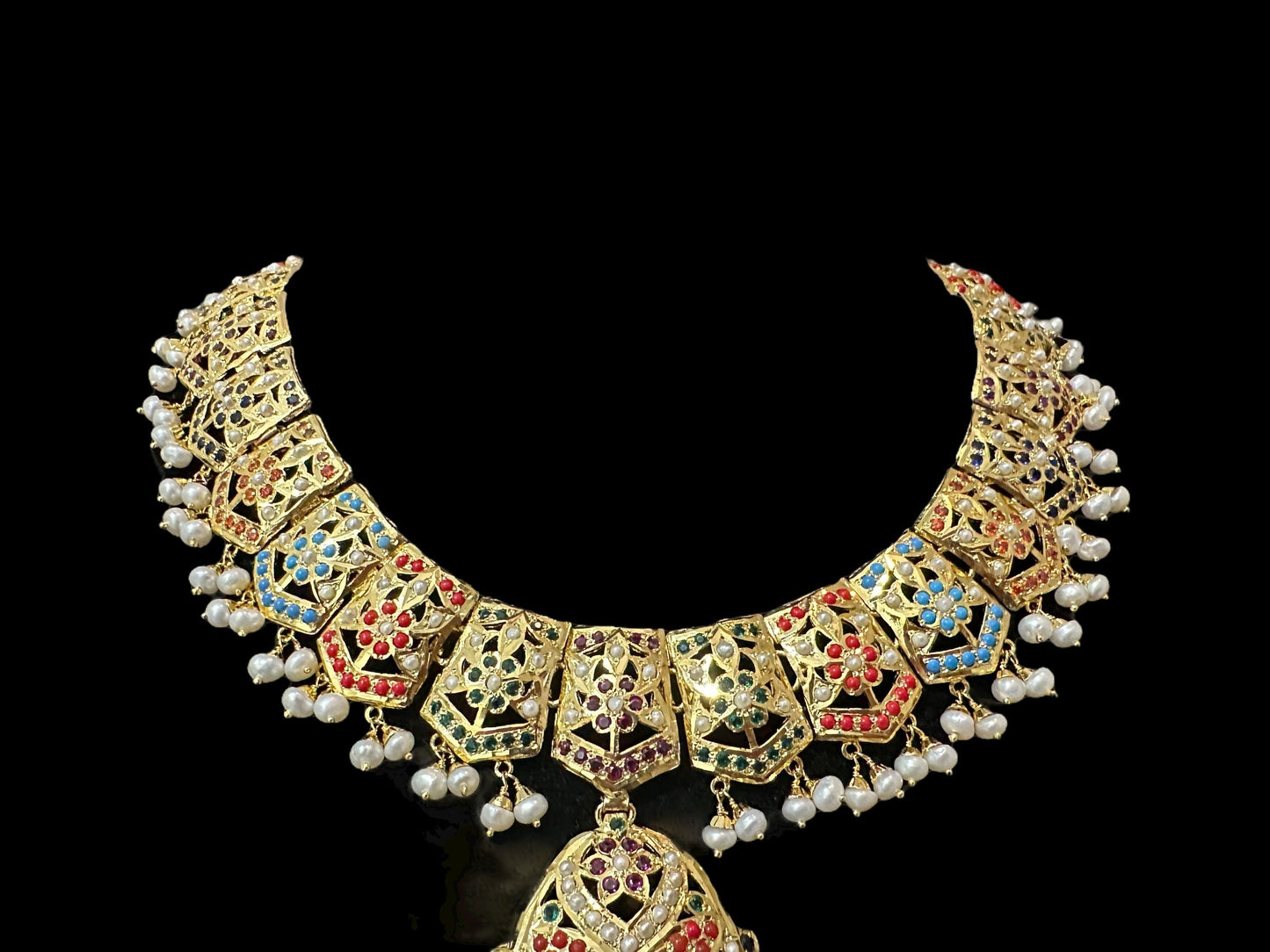 Navratan / Multicolored Jadau Necklace Set in Gold Plated Silver ( SHIPS IN 5 WEEKS )