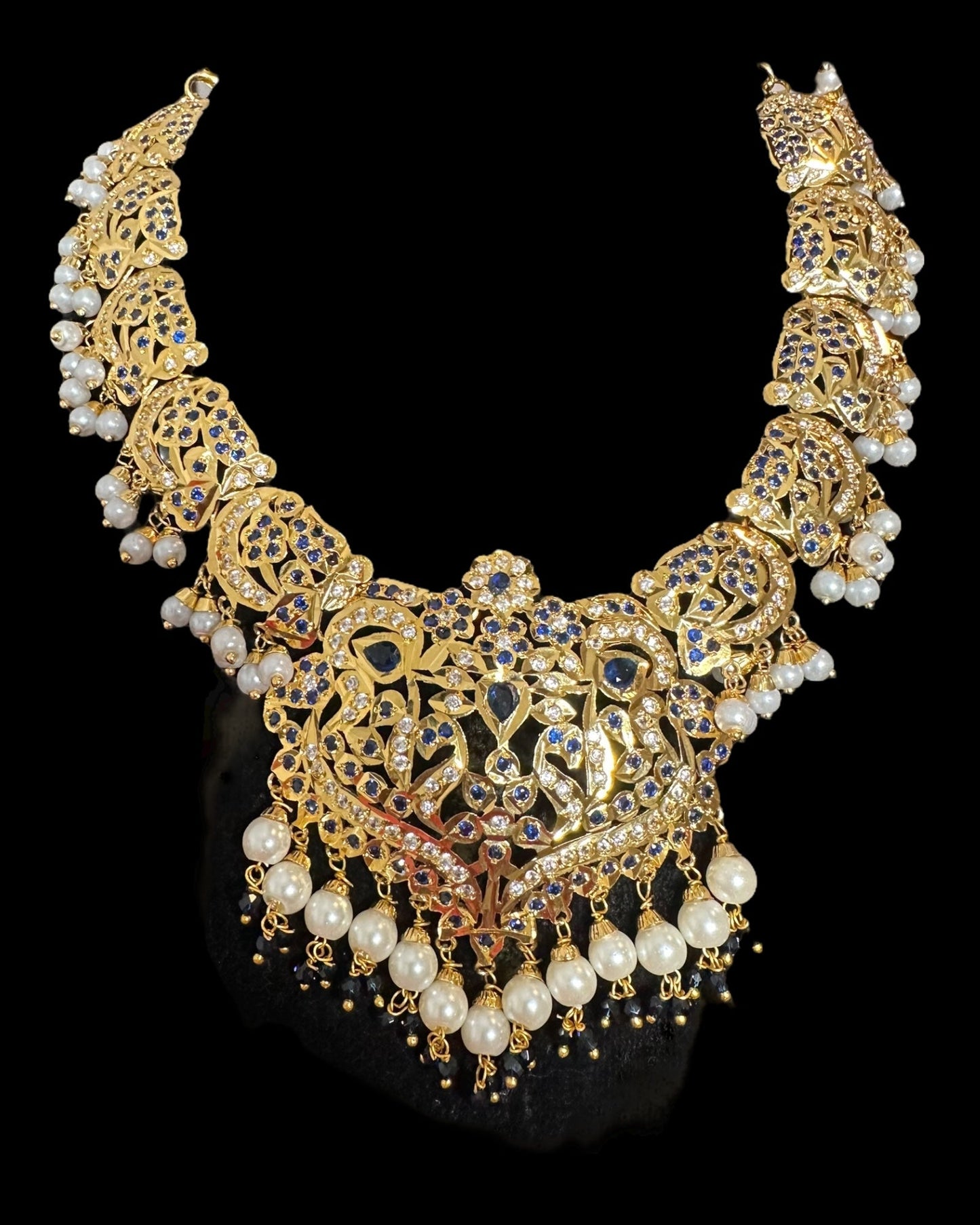 DNS204 Neeli jadau necklace with earrings tika in sapphire zircon(READY TO SHIP )