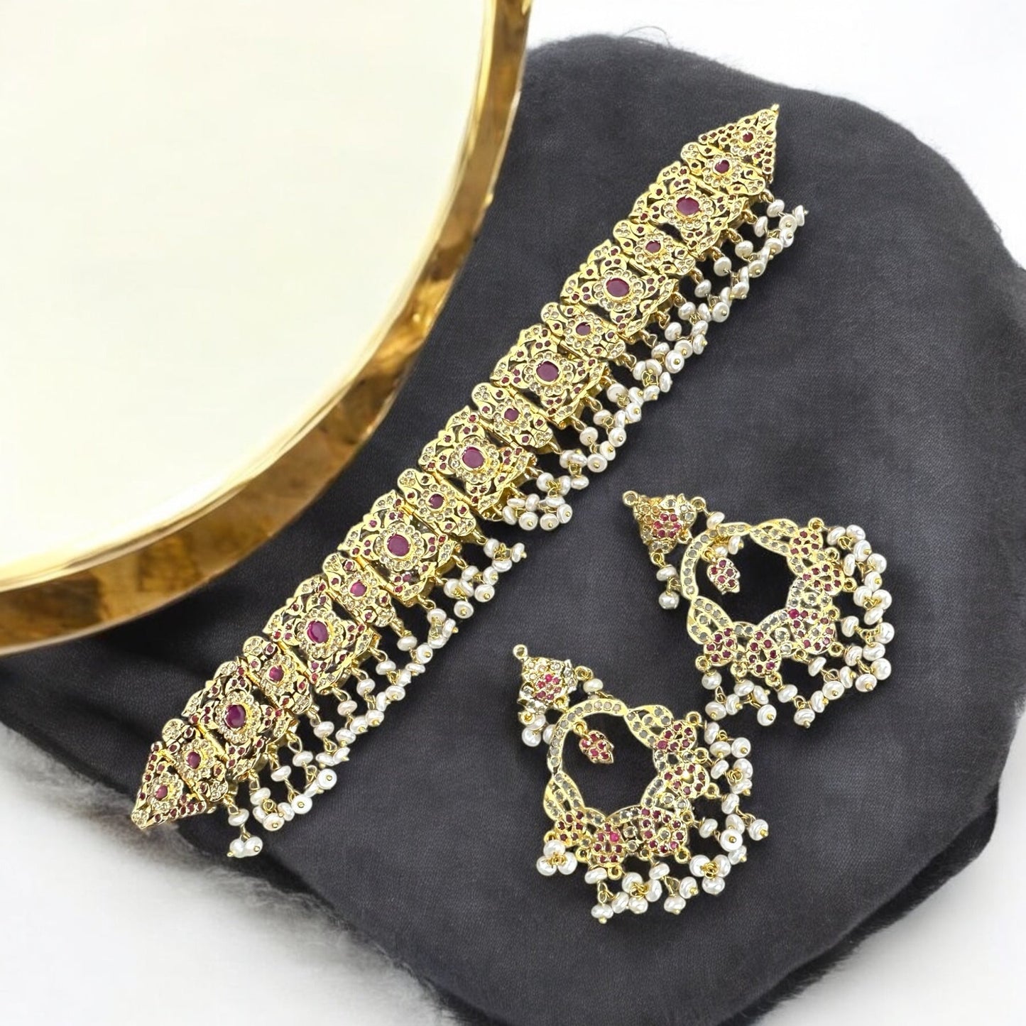 C542 Nishat fresh water pearl choker with earrings -RUBY ( READY TO SHIP )