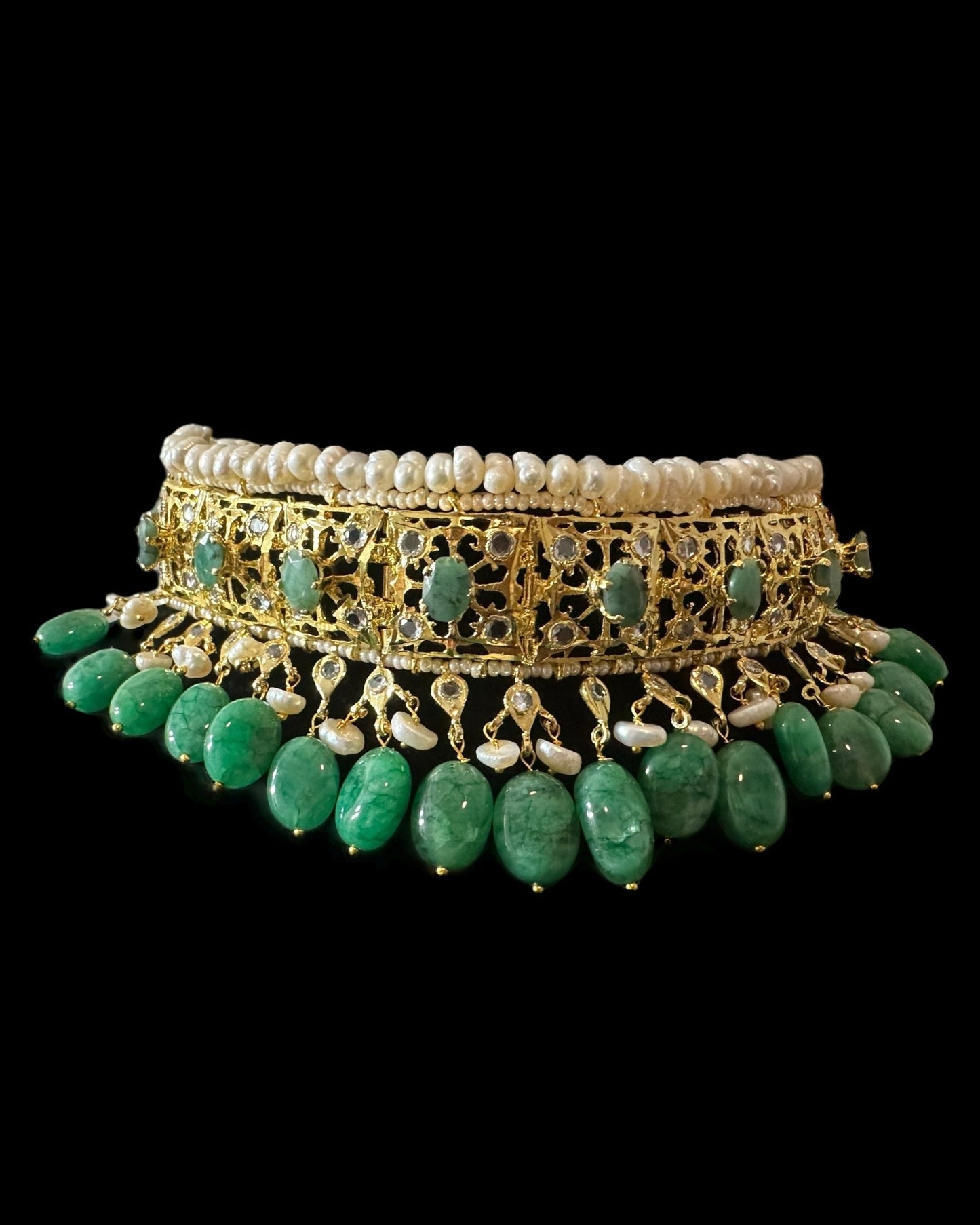 BR482 Insia Hyderabadi bridal set in emeralds with fresh water pearls ( READY TO SHIP )