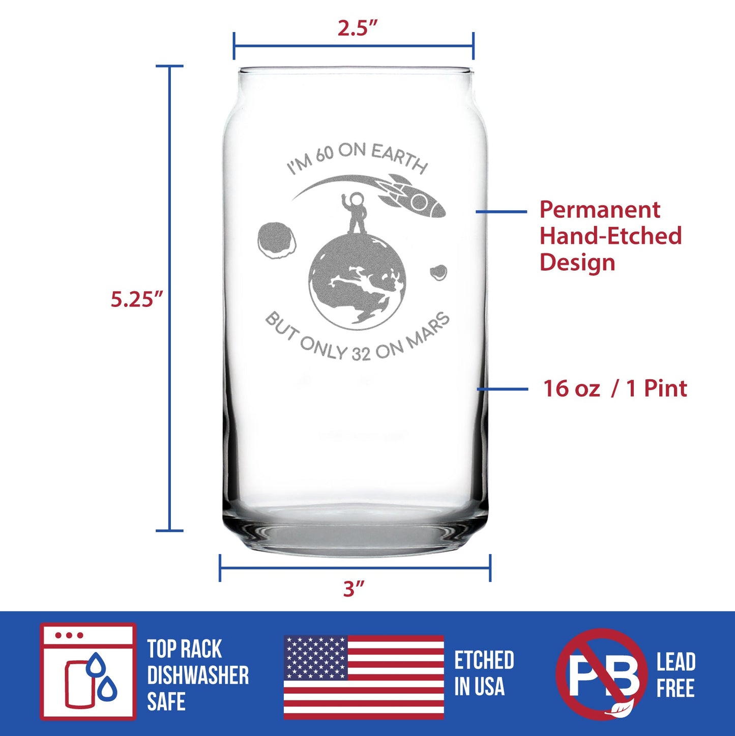 Age on Mars 60 - Beer Can Pint Glass - Unique Funny 60th Birthday Gifts for Women and Men - 16 oz Glasses