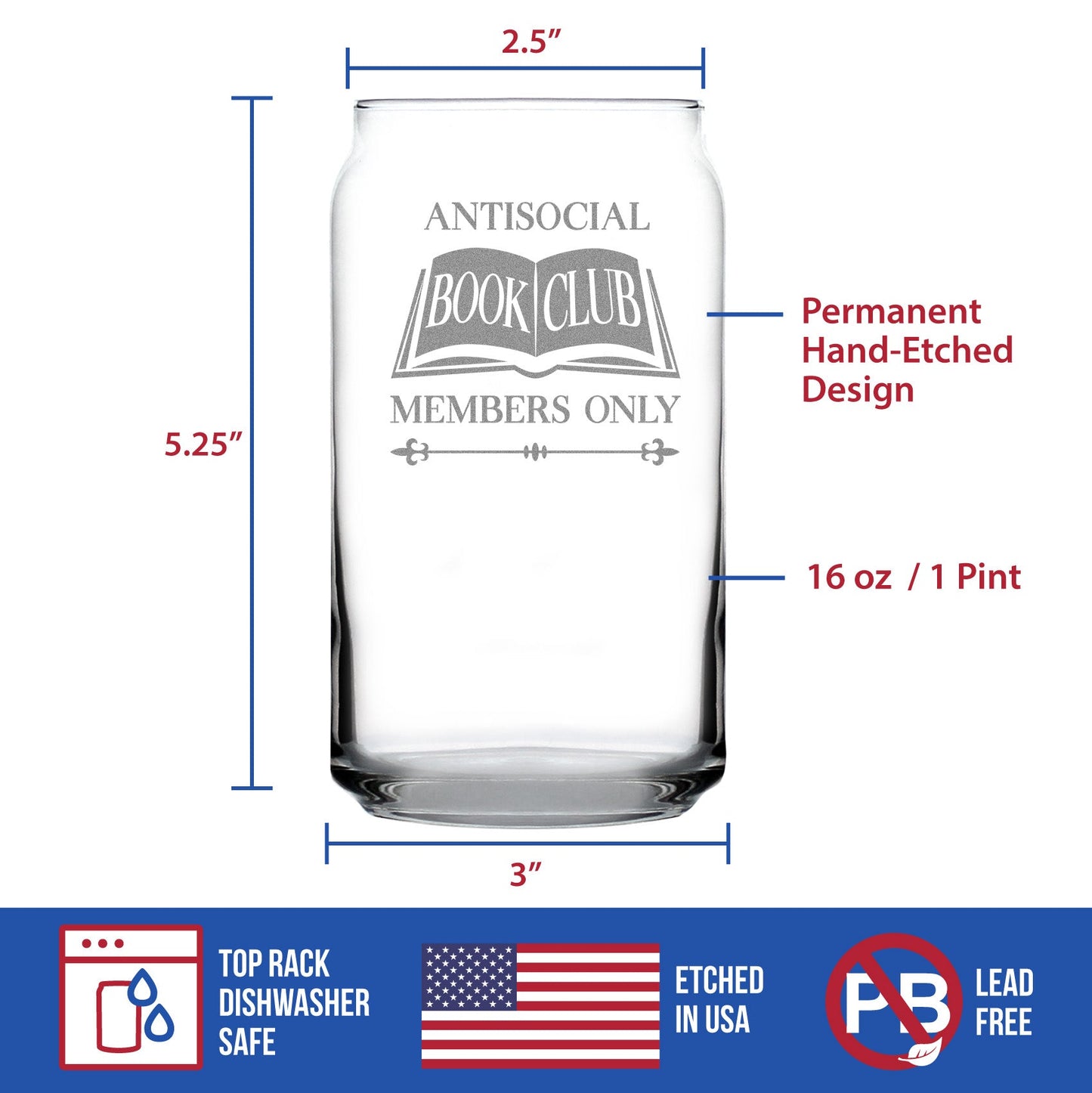 Antisocial Book Club Engraved Beer Can Glass Funny Gifts for Introverts and Book Club Beer Can Shaped Pint Glass - 16oz