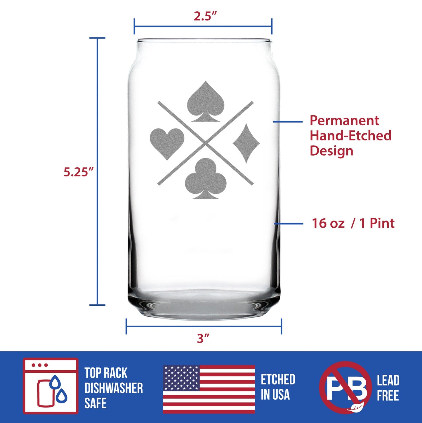 Card Suits Engraved Beer Can Glass High Quality Gifts for Card Players Beer Can Shaped Pint Glass - 16oz
