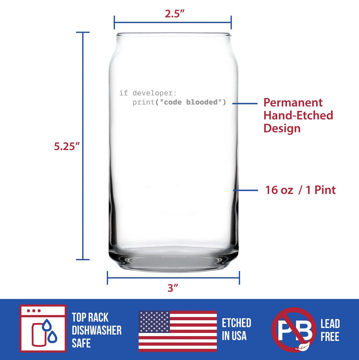 Code Blooded Engraved Beer Can Glass Gifts for Programmer, Coder & Computer Geeks Beer Can Shaped Pint Glass - 16oz