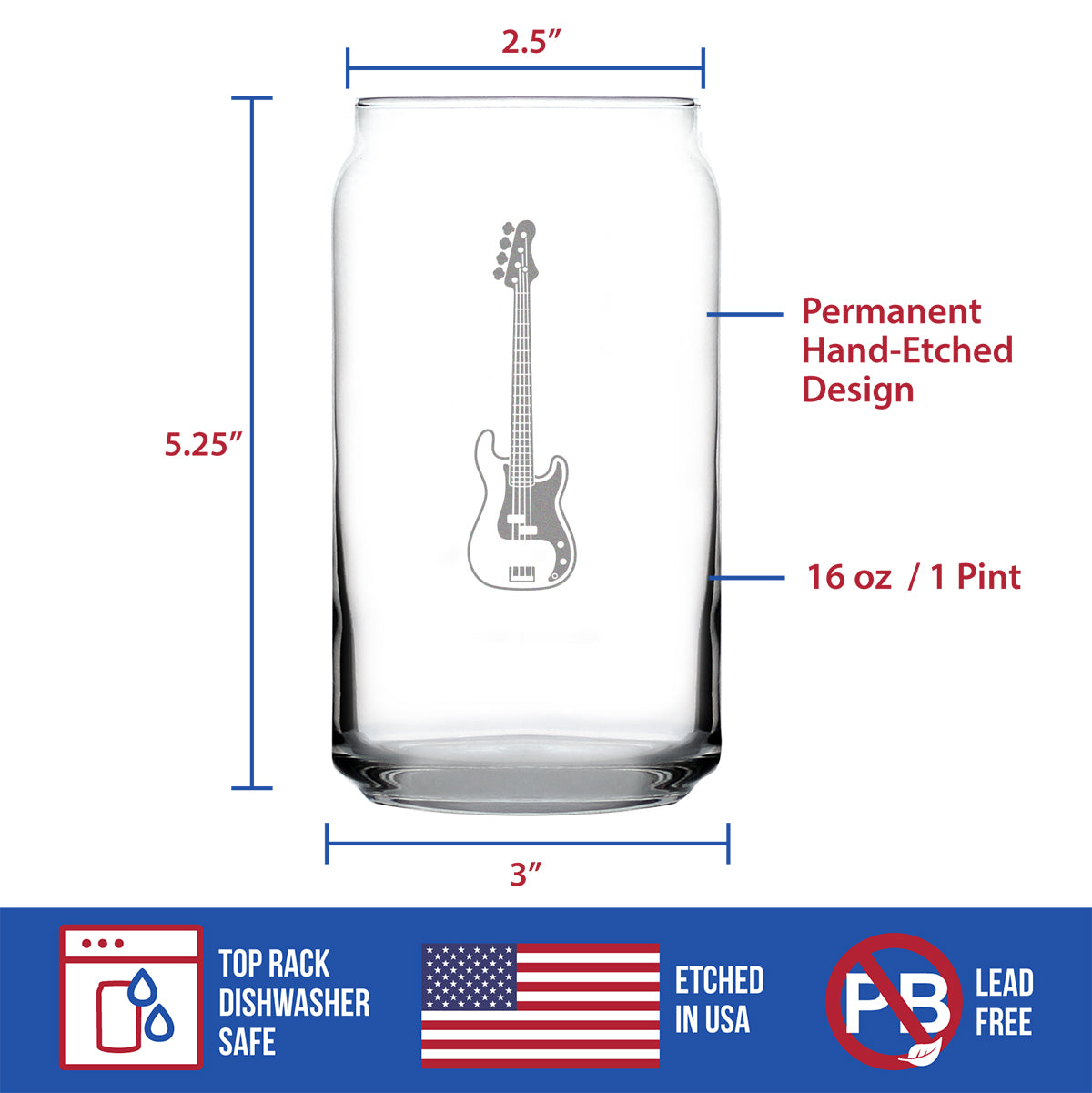 Electric Bass Beer Can Pint Glass - Music Gifts for Bass Players, Teachers and Musical Accessories for Musicians that Play Bass Guitar - 16 Oz Glasses
