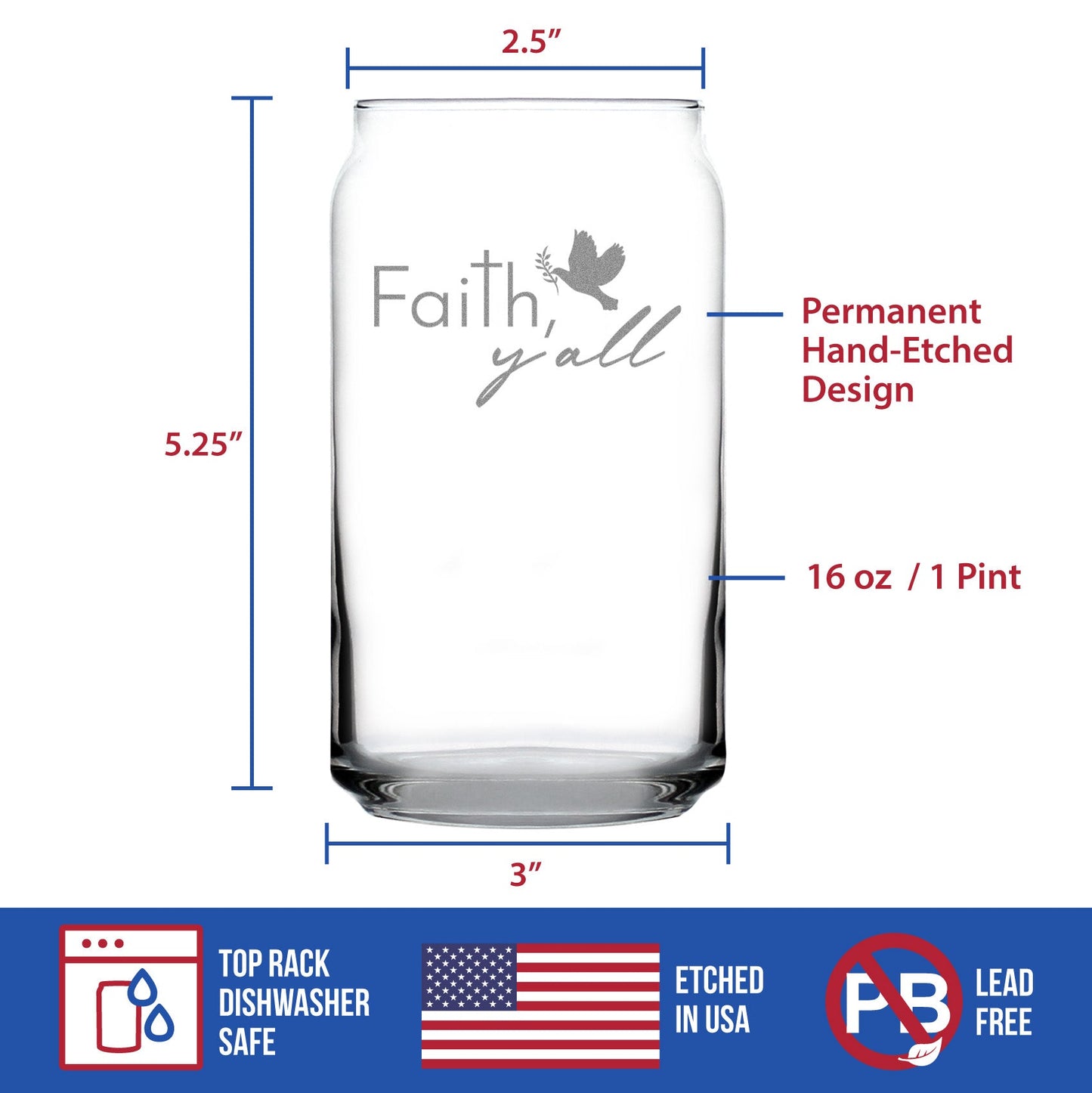 Faith Y'all Engraved Beer Can Glass Gifts Christianity Gifts for Christians Beer Can Shaped Pint Glass - 16oz