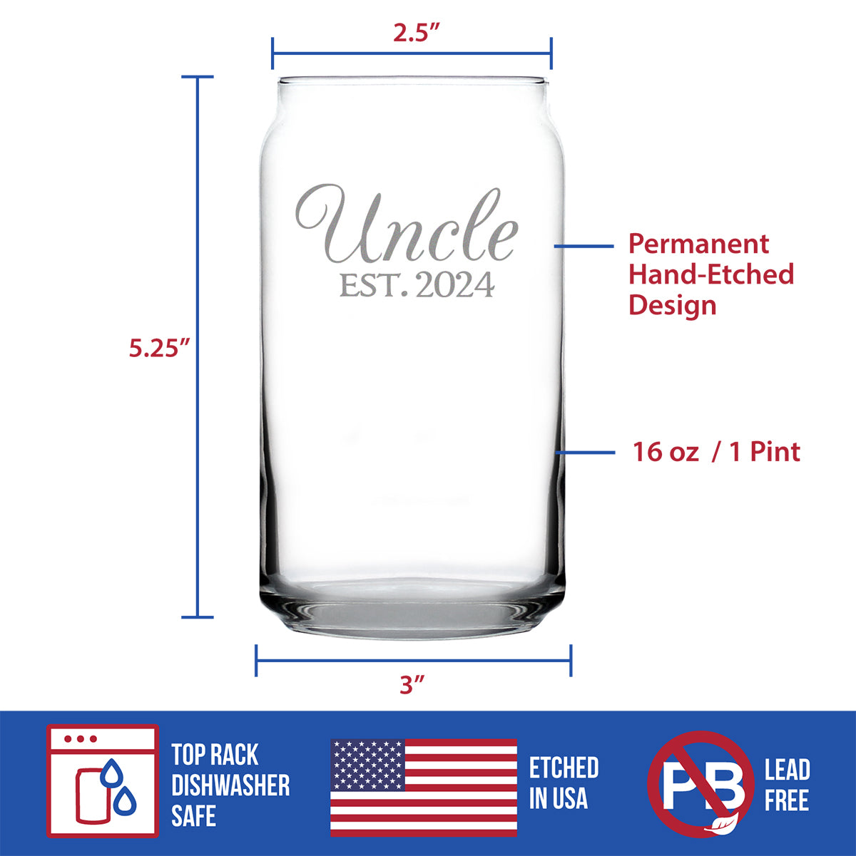 Uncle Est 2024 - Beer Can Pint Glass Gift for First Time Uncles - Decorative 16 Oz Glasses