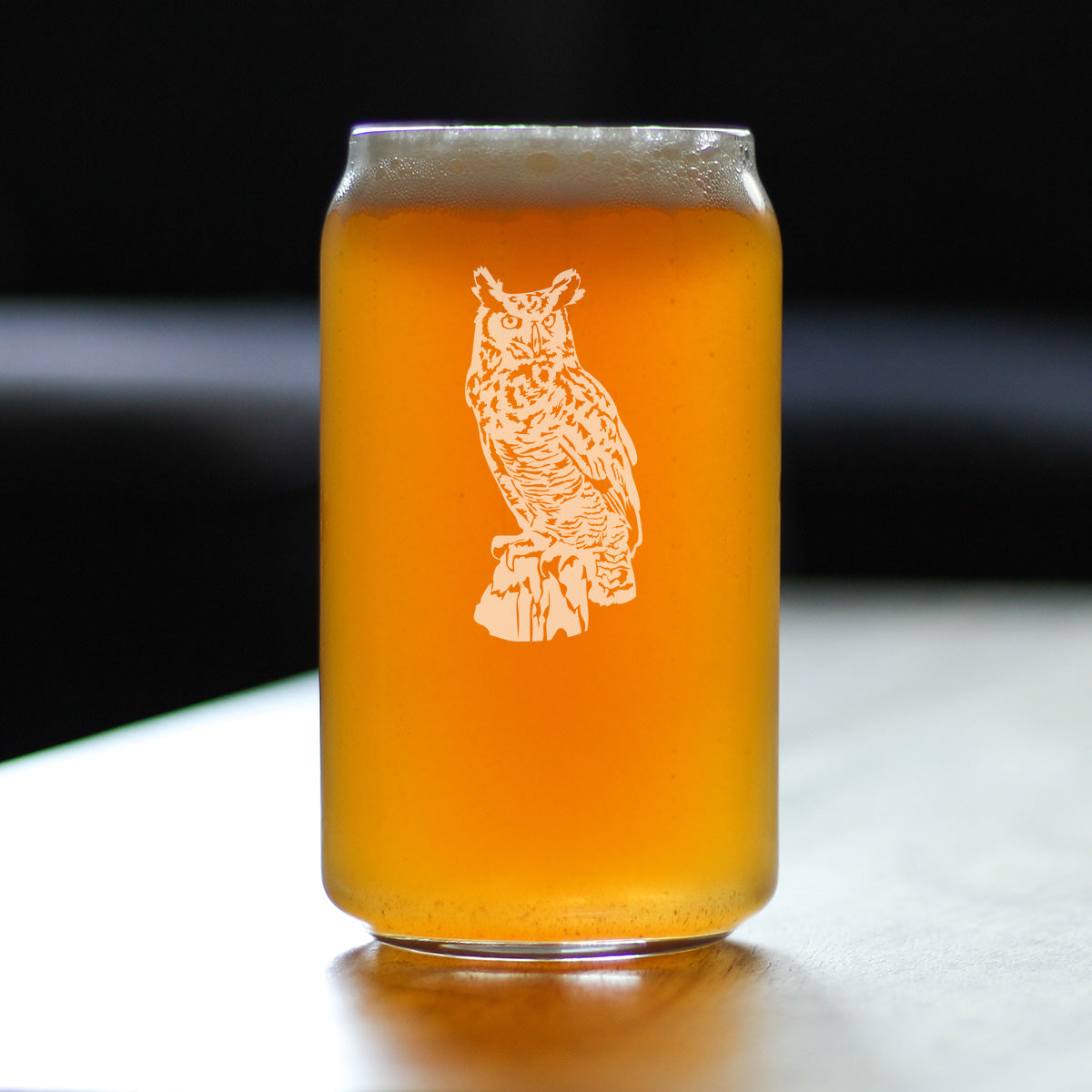 Great Horned Owl Engraved Beer Can Glass Owl Decor and Bird Lover Gifts Beer Can Shaped Pint Glass - 16oz