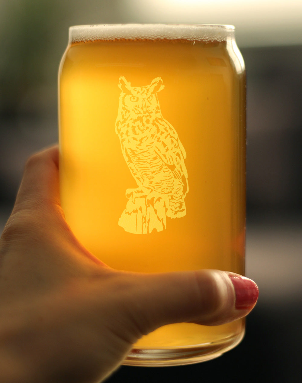 Great Horned Owl Engraved Beer Can Glass Owl Decor and Bird Lover Gifts Beer Can Shaped Pint Glass - 16oz