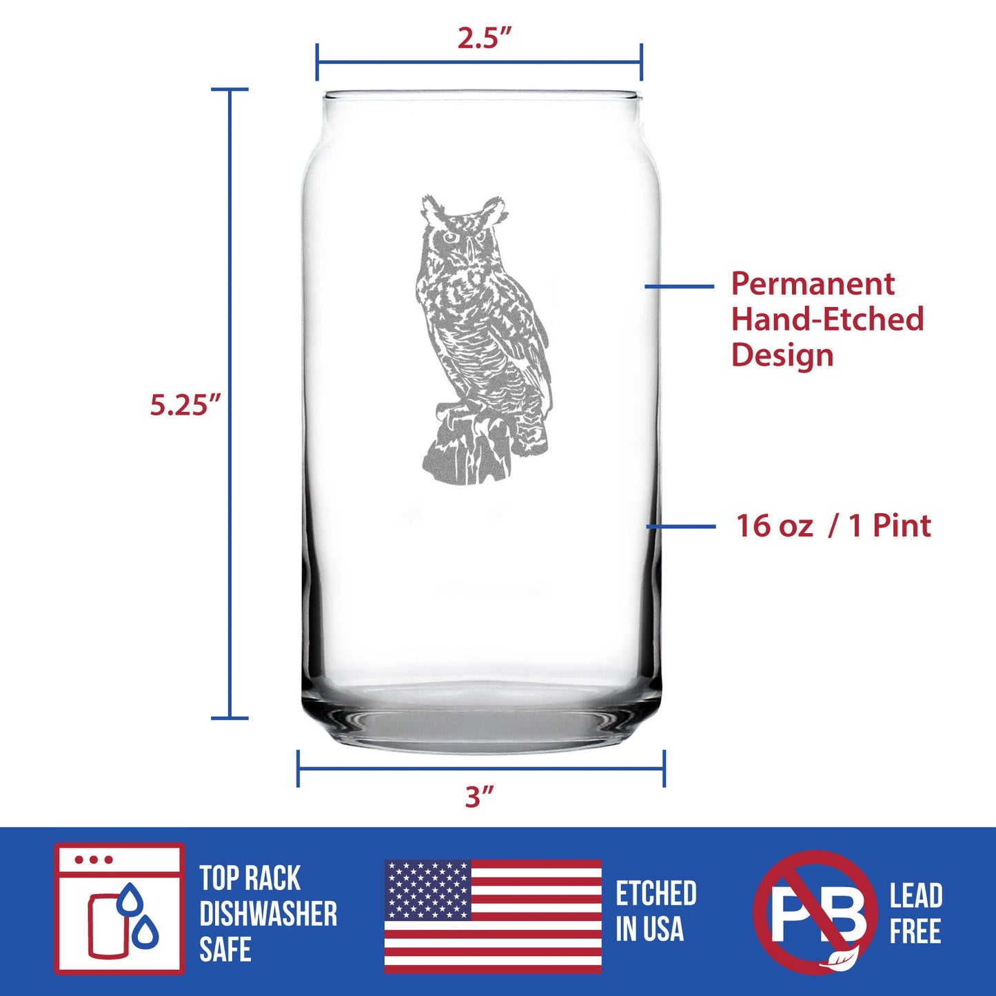 Great Horned Owl Engraved Beer Can Glass Owl Decor and Bird Lover Gifts Beer Can Shaped Pint Glass - 16oz
