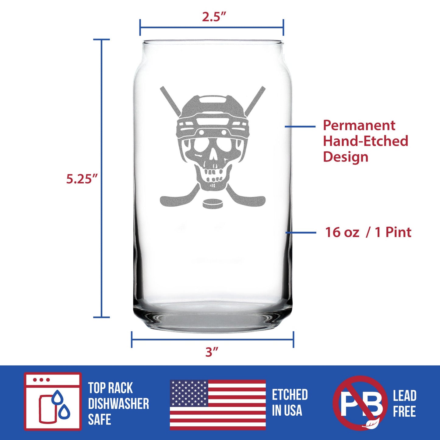 Hockey Skull Engraved Beer Can Glass Gifts Hockey Gifts for Coach or Players Beer Can Shaped Pint Glass - 16oz