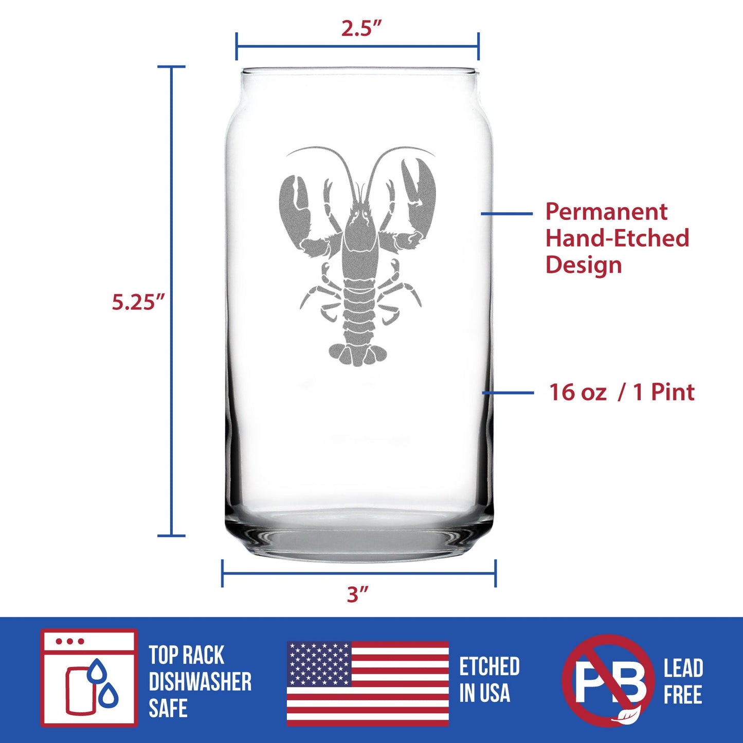 Lobster Engraved Beer Can Glass Lobster Gifts, Maine Souvenirs and Decor Beer Can Shaped Pint Glass - 16oz