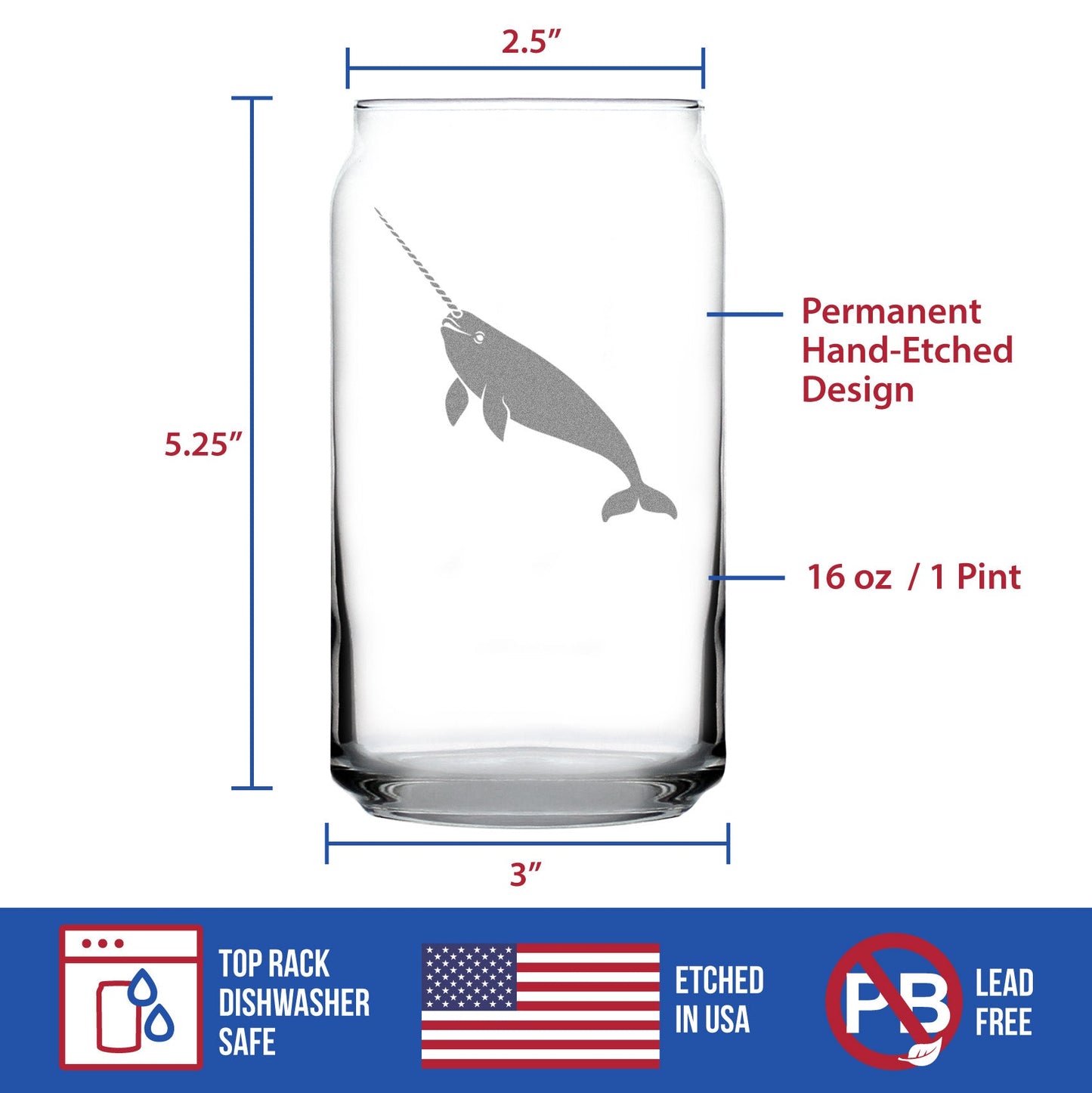 Narwhal Engraved Beer Can Glass Narwhal Gifts for Women Beer Can Shaped Pint Glass - 16oz