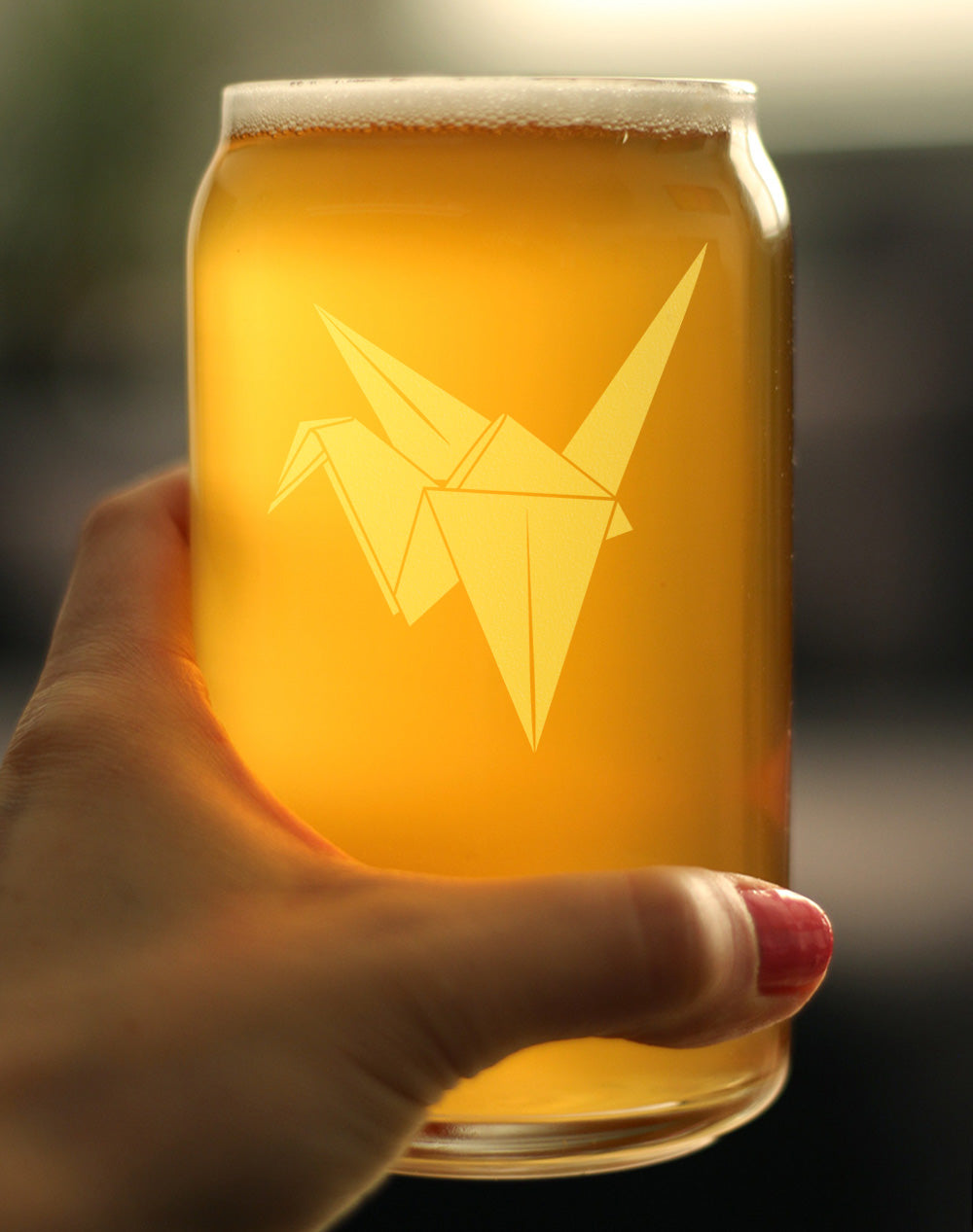 Paper Crane Engraved Beer Can Glass Japanese Decor and Gifts Beer Can Shaped Pint Glass - 16oz