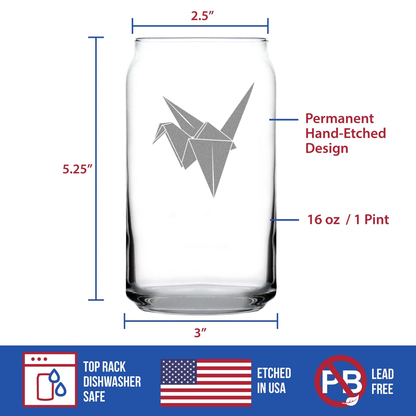 Paper Crane Engraved Beer Can Glass Japanese Decor and Gifts Beer Can Shaped Pint Glass - 16oz