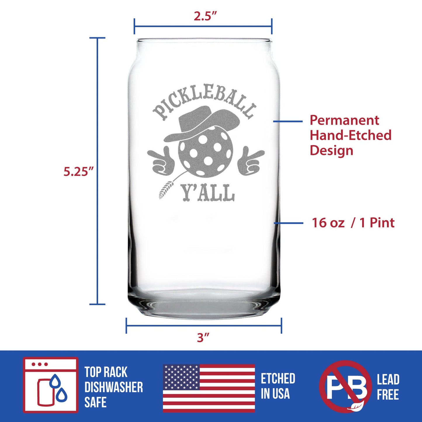 Pickleball Y'all Engraved Beer Can Glass Gifts Funny Pickleball Gifts Beer Can Shaped Pint Glass - 16oz