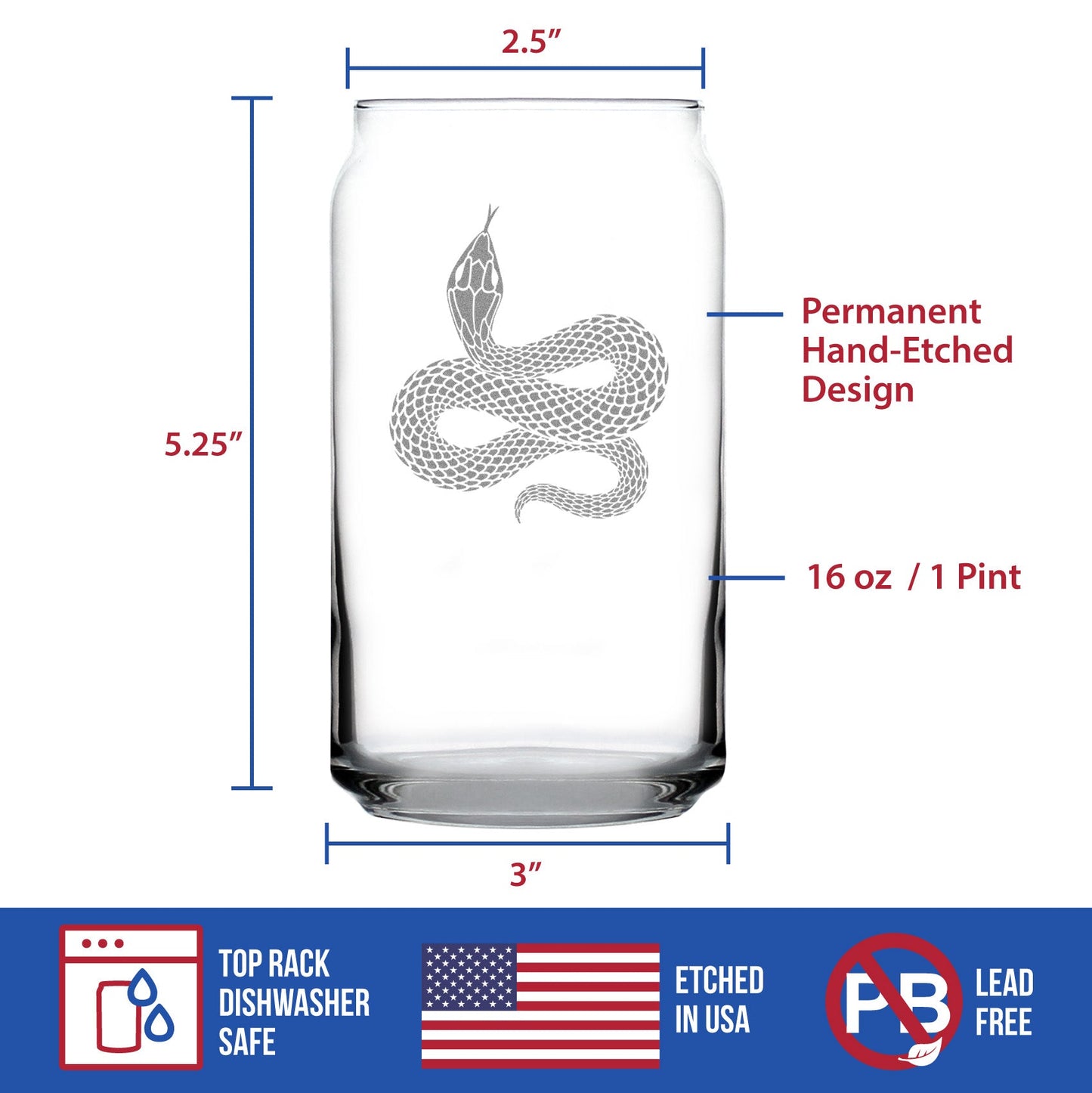 Snake Engraved Beer Can Glass Reptile Decor and Gifts for Snake Lovers Beer Can Shaped Pint Glass - 16oz