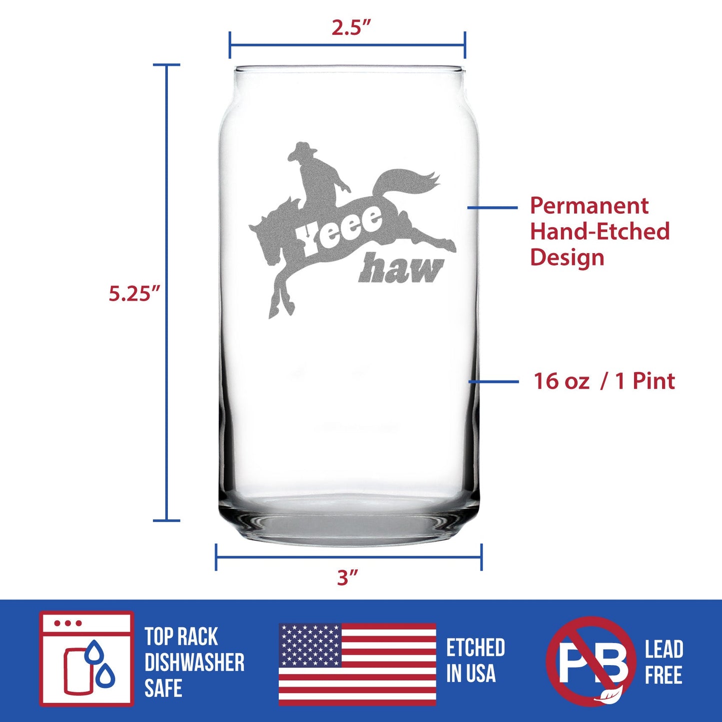 Yeehaw Engraved Beer Can Glass Gifts Rodeo Party Decor & Western Home Decorations Beer Can Shaped Pint Glass - 16oz