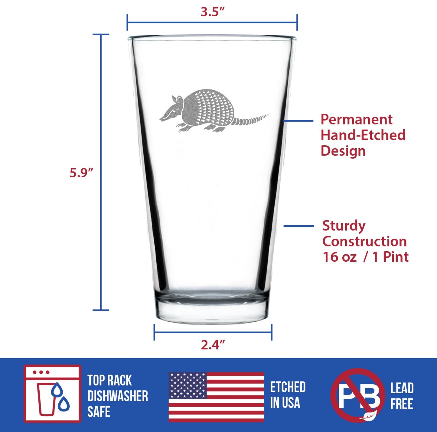 Armadillo Engraved Pint Glass Texas Gifts and Souvenirs High Quality Pint Glasses for Beer - 16oz