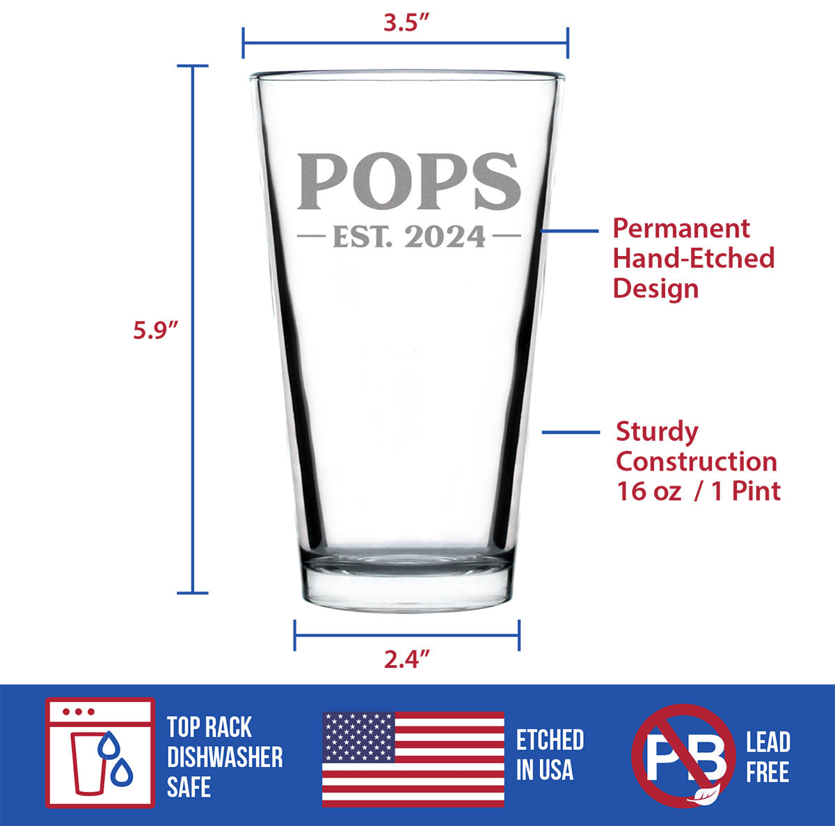 Pops Est. 2024 Bold Pint Glass 16 Oz, Etched Sayings, Father's Day Gifts, Fun Baby Reveal Gift for Grandparents