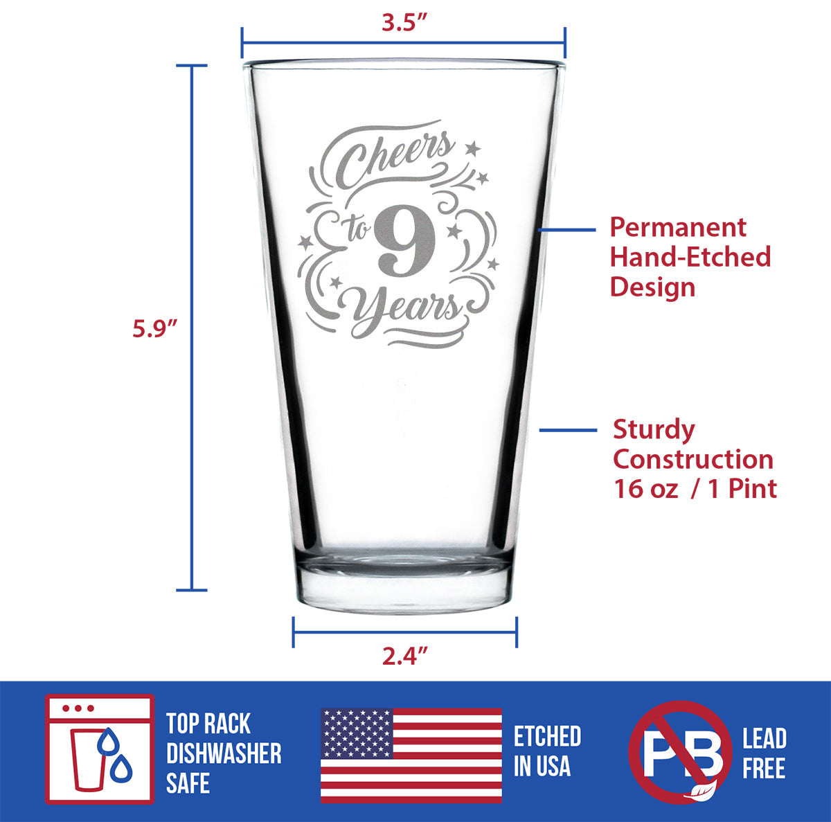 Cheers to 9 Years - Pint Glass for Beer - Gifts for Women & Men - 9th Anniversary Party Decor - 16 Oz Glasses