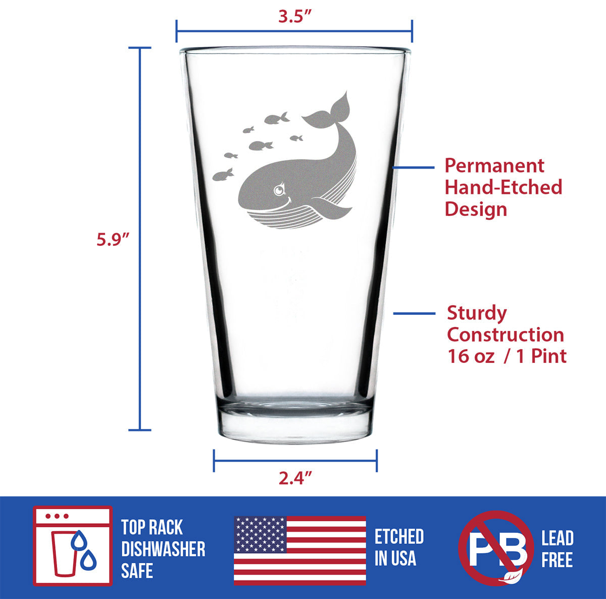 Cute Whale Pint Glass for Beer - Beach Themed Decor and Gifts for Whale Lovers - 16 Oz Glasses
