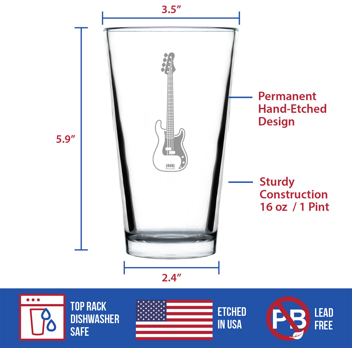 Electric Bass Pint Glass for Beer - Music Gifts for Bass Players, Teachers and Musical Accessories for Musicians that Play Bass Guitar - 16 Oz Glasses
