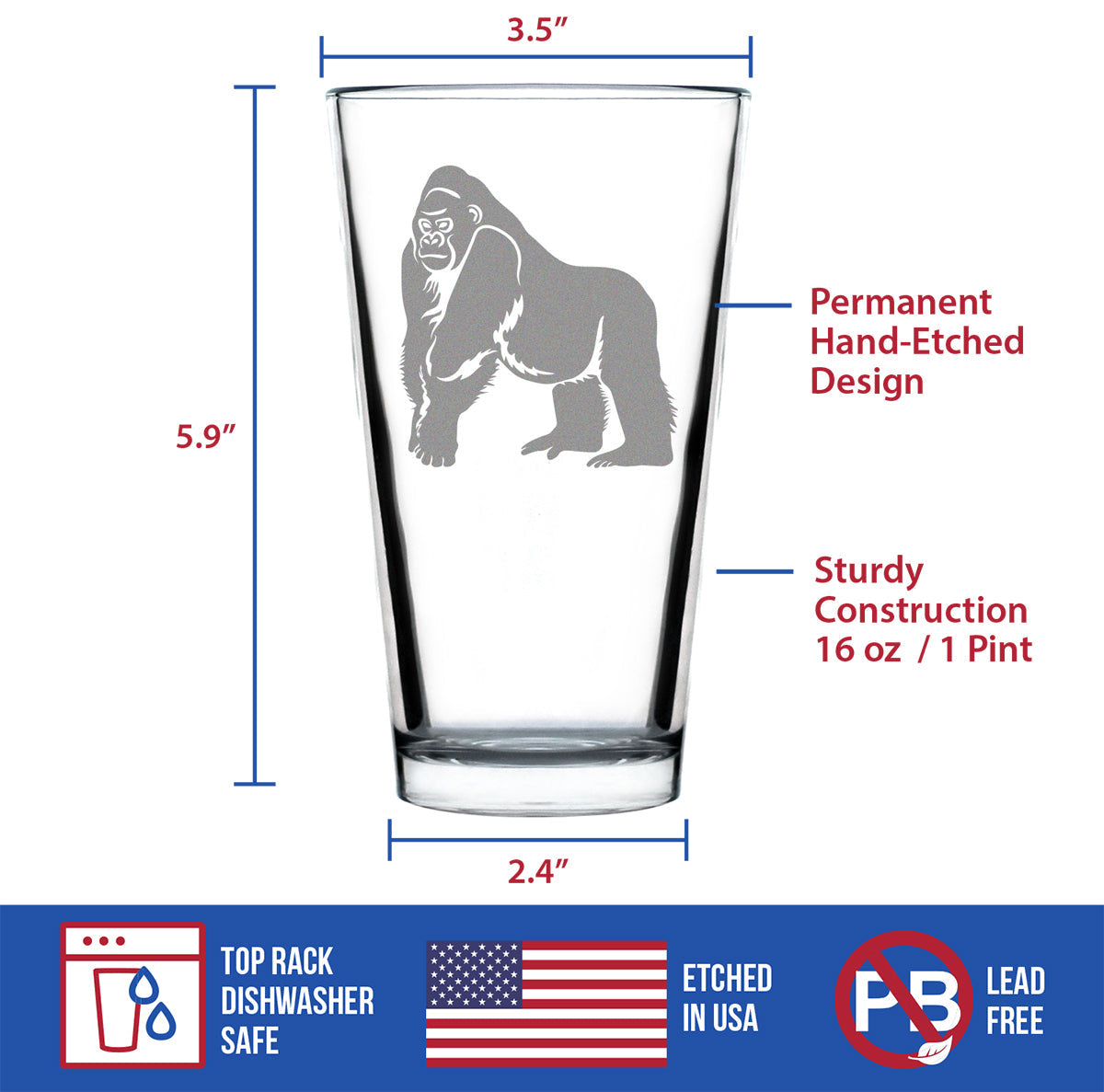 Gorilla Pint Glass for Beer - Fun Wild Animal Themed Decor and Gifts for Lovers of Apes and Monkeys - 16 Oz Glasses