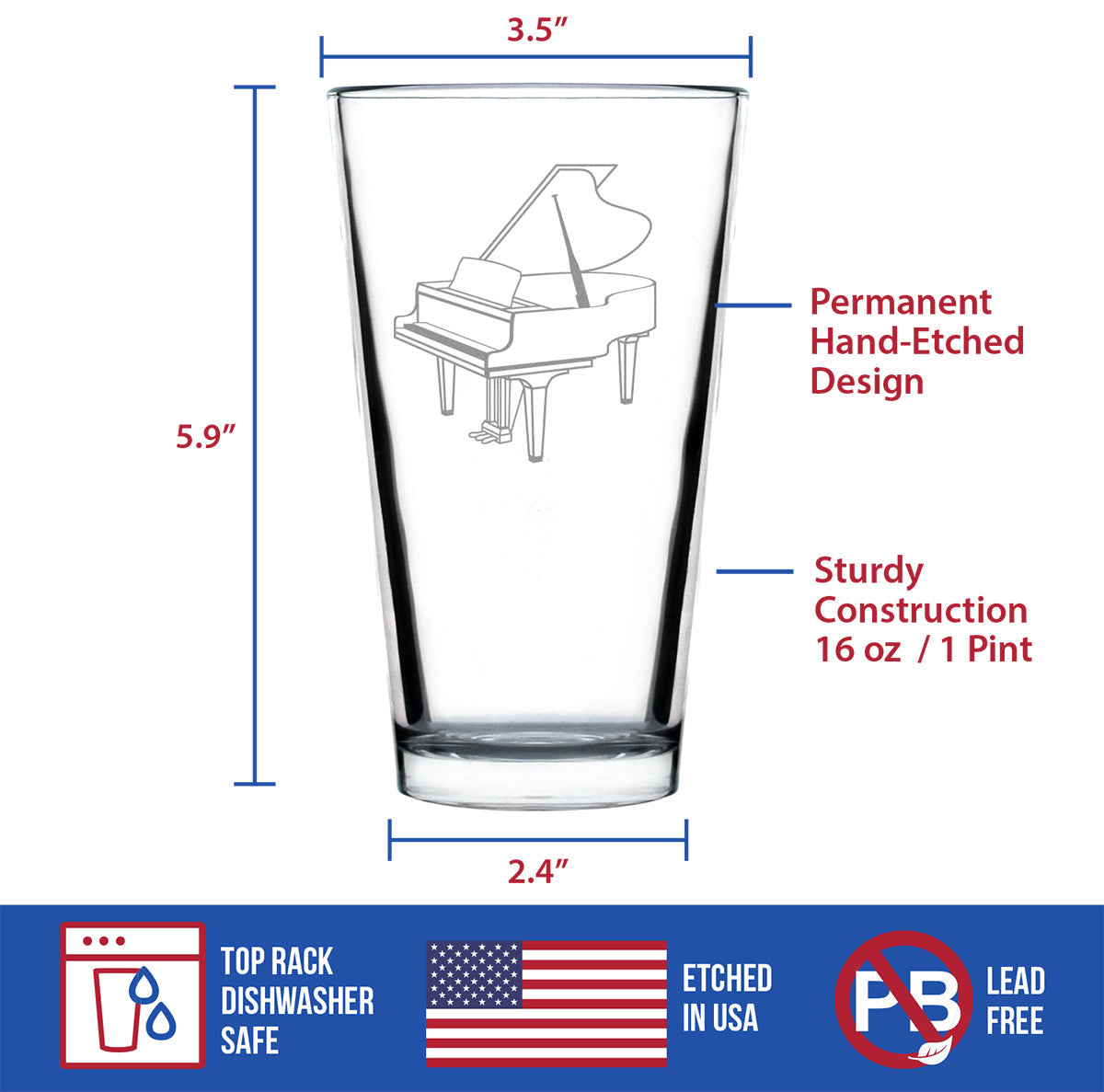 Grand Piano Pint Glass for Beer - Music Gifts for Piano Players, Teachers and Musical Accessories for Musicians that Play Keys - 16 Oz Glasses