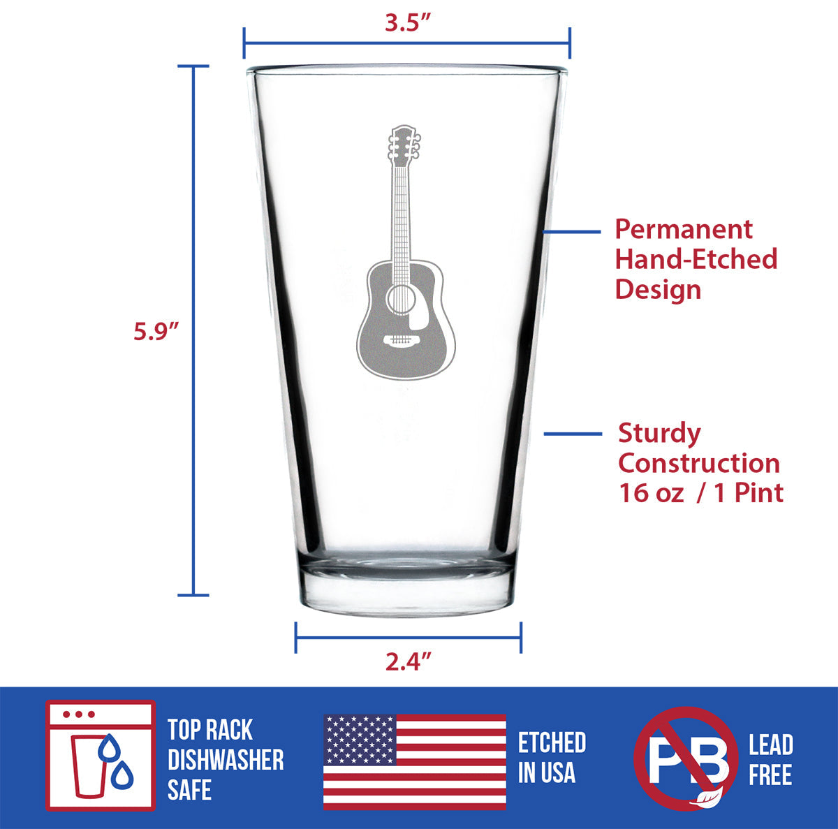 Acoustic Guitar - Pint Glass for Beer - Fun Musician Gifts and Musical Accessories for Women and Men - 16 Oz Glasses