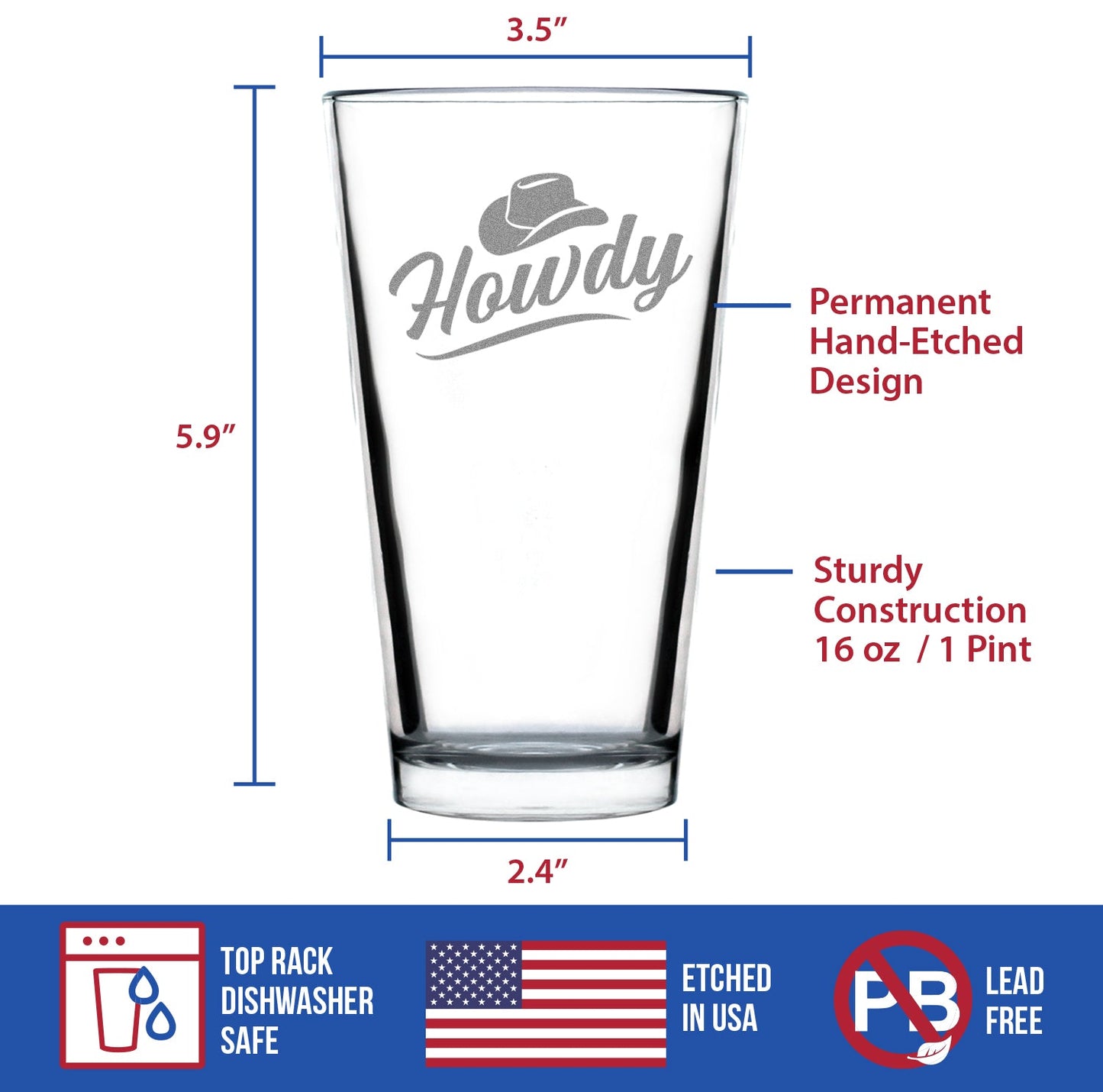 Howdy Engraved Pint Glass Gifts Country Western Decor for Home High Quality Pint Glasses for Beer - 16oz