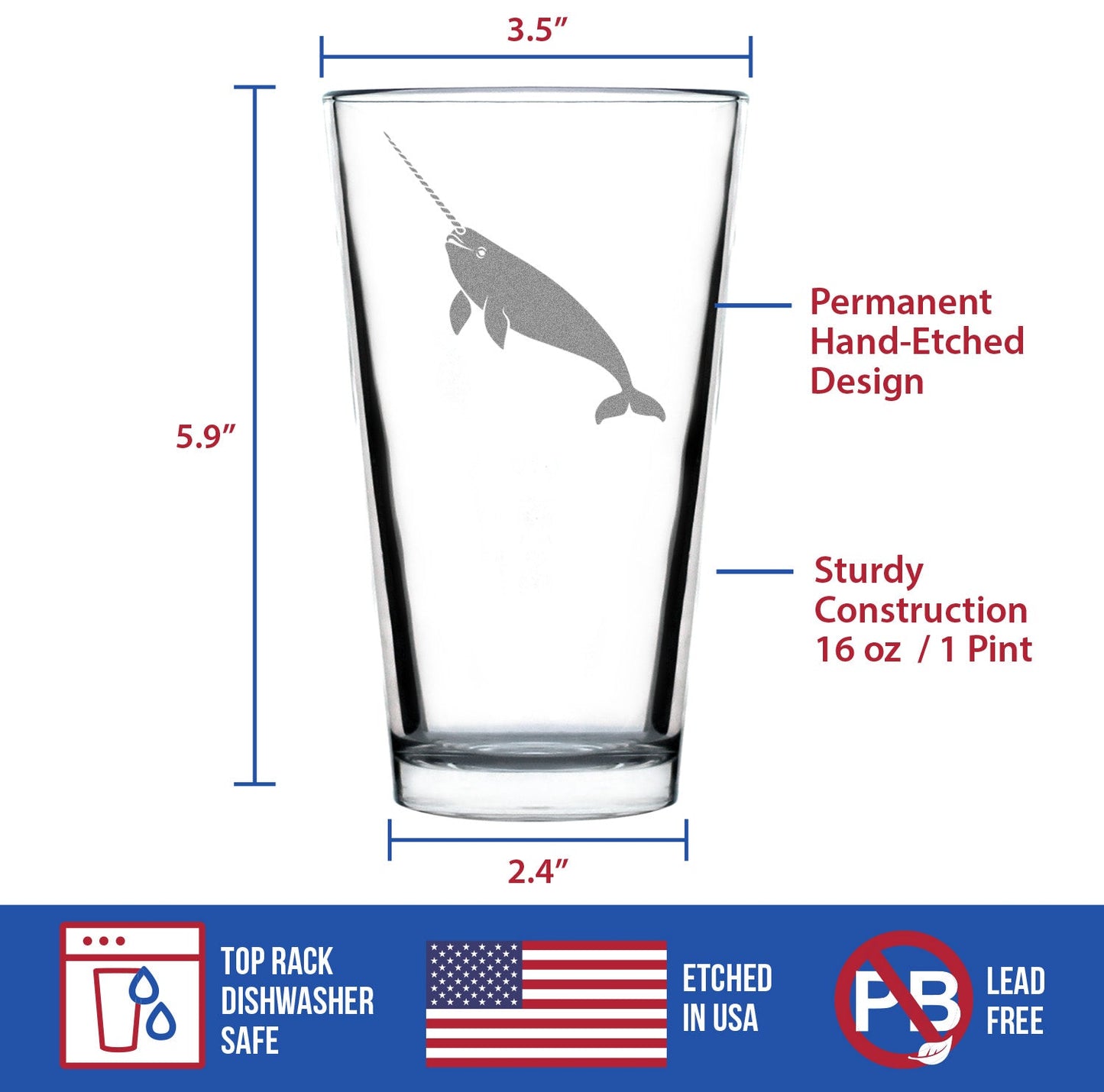 Narwhal Engraved Pint Glass Narwhal Gifts for Women High Quality Pint Glasses for Beer - 16oz