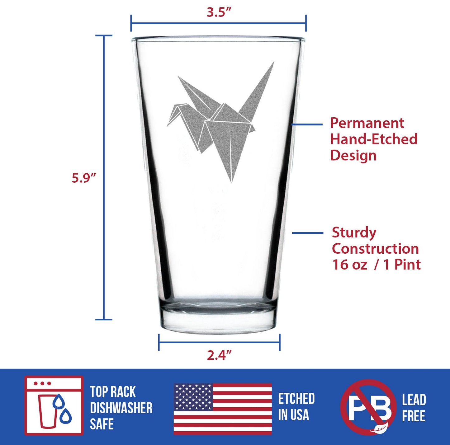Paper Crane Engraved Pint Glass Japanese Decor and Gifts High Quality Pint Glasses for Beer - 16oz
