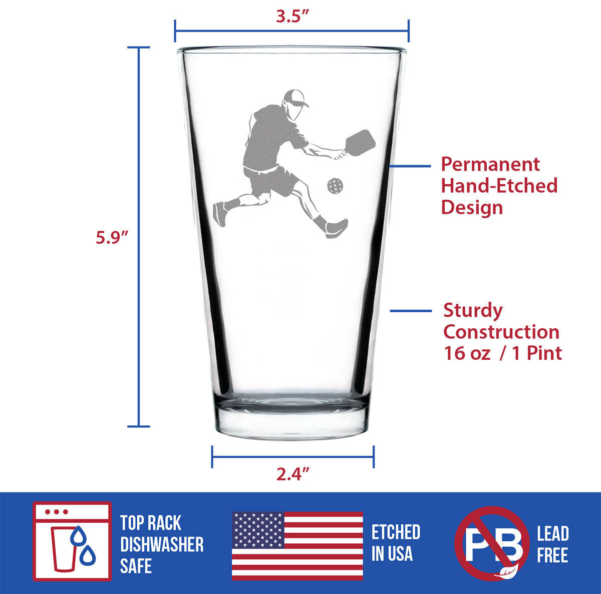 Pickleball Player Man Pint Glass for Beer - Pickleball Gifts and Decor for Men - 16 Oz Glasses