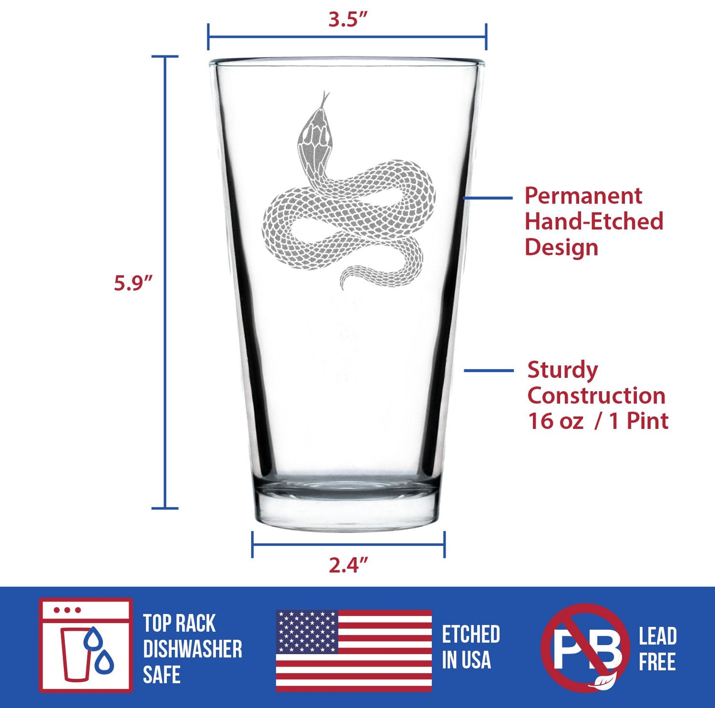 Snake Engraved Pint Glass Reptile Decor and Gifts for Snake Lovers High Quality Pint Glasses for Beer - 16oz