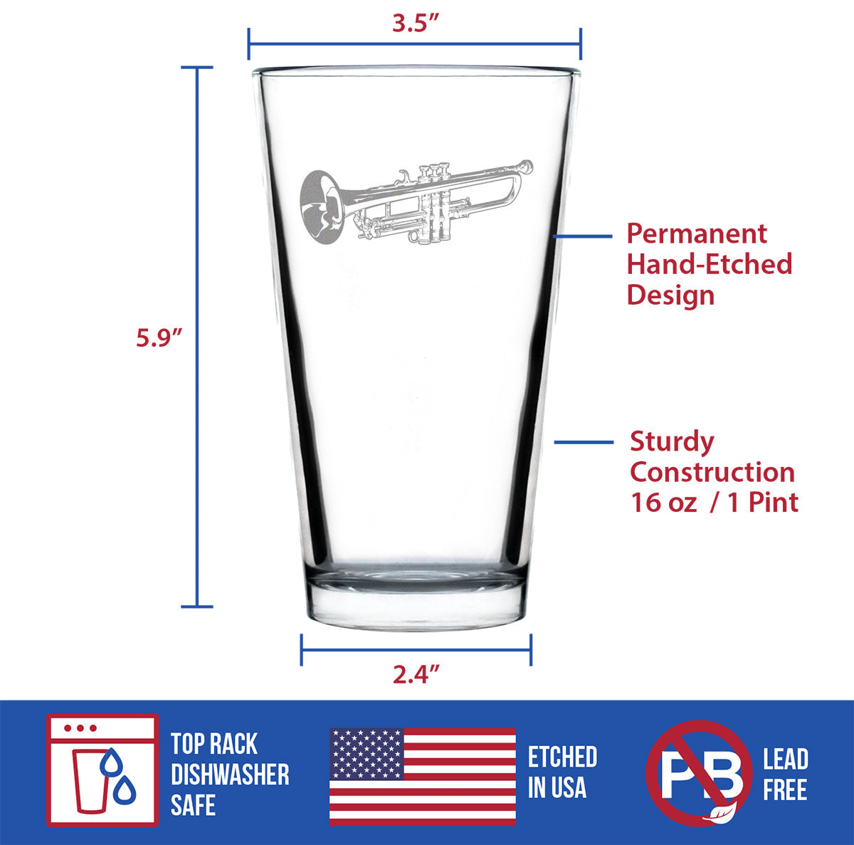 Trumpet Pint Glass for Beer - Music Gifts for Trumpet Players, Teachers and Musical Accessories for Musicians that Play Trumpets - 16 Oz Glasses