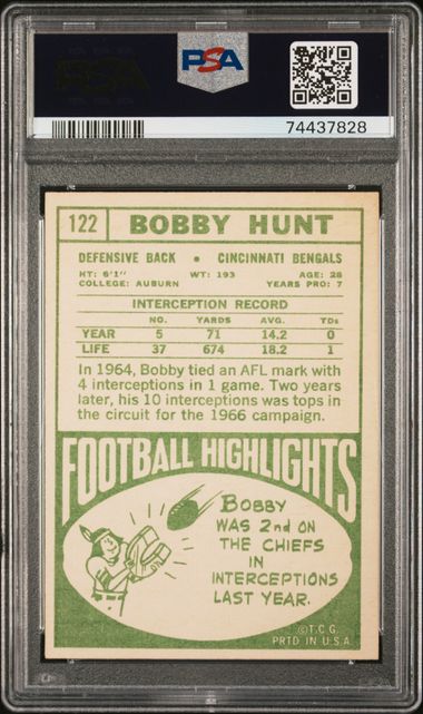Graded 1968 Topps Bobby Hunt #122 Football Card PSA 5 Excellent