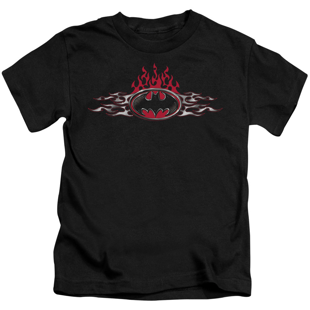 Batman Steel Flames Logo Juvenile Kids Youth T Shirt Black Officially Licensed