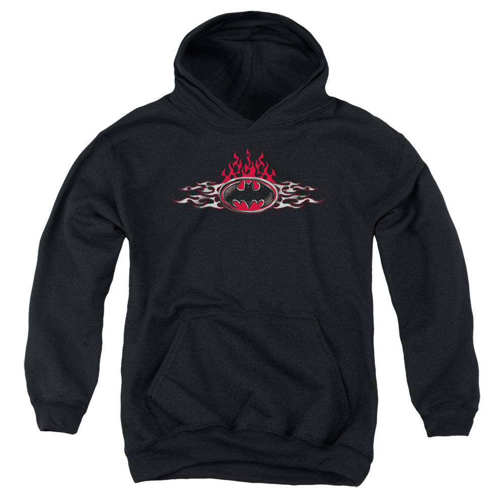 Batman Steel Flames Logo Kids Youth Hoodie Black Officially Licensed