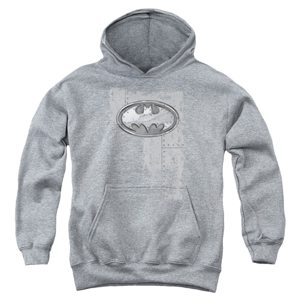 Batman Rivited Metal Logo Kids Youth Hoodie Heather Officially Licensed